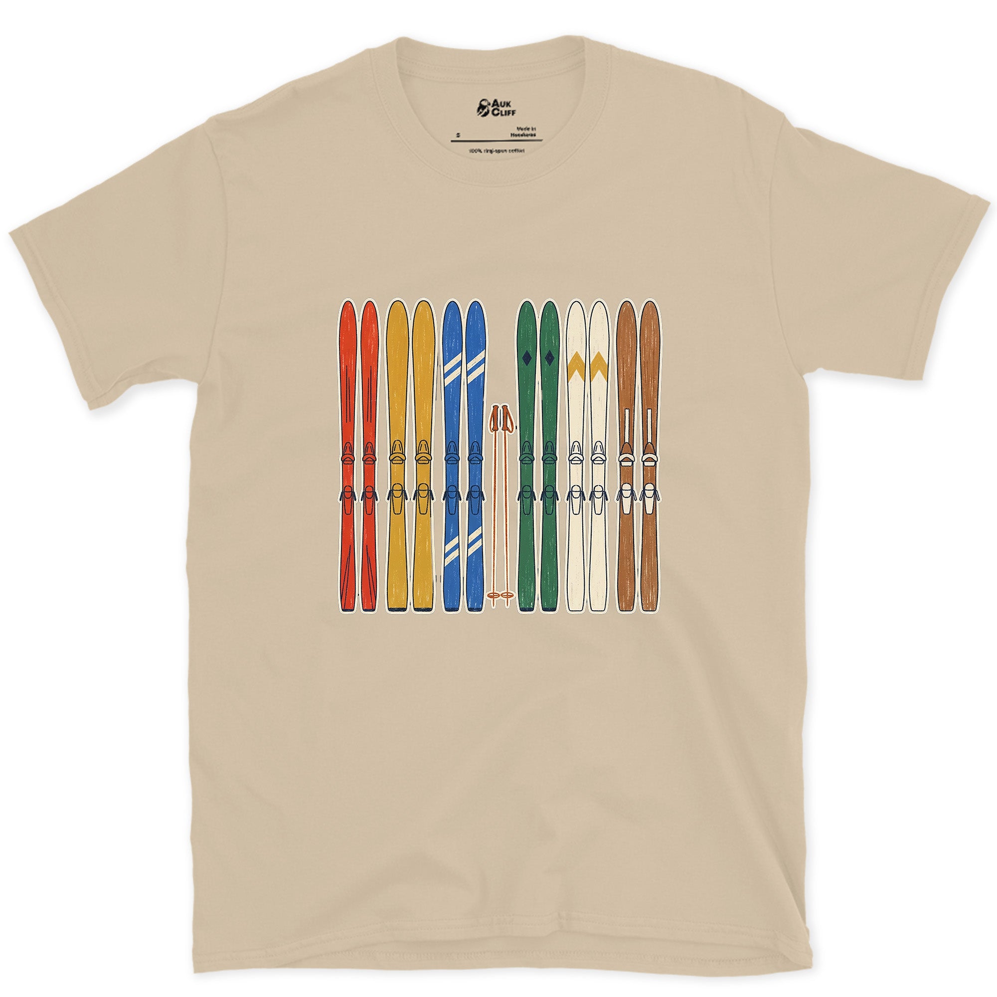 Racked Up and Ready, the Whole Ski Quiver design on a Sand Gildan Softstyle t-shirt