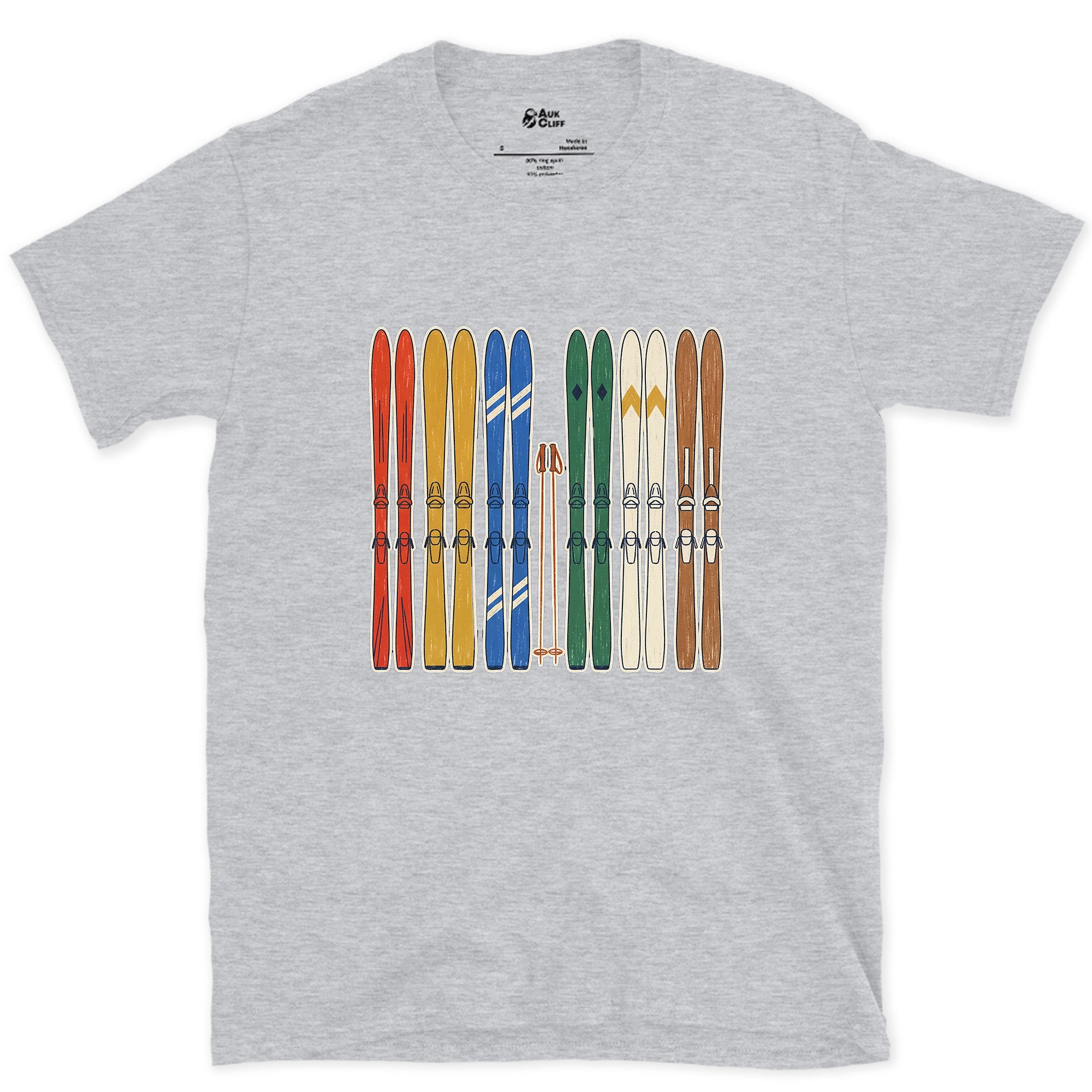 Racked Up and Ready, the Whole Ski Quiver design on a Sport Grey Gildan Softstyle t-shirt