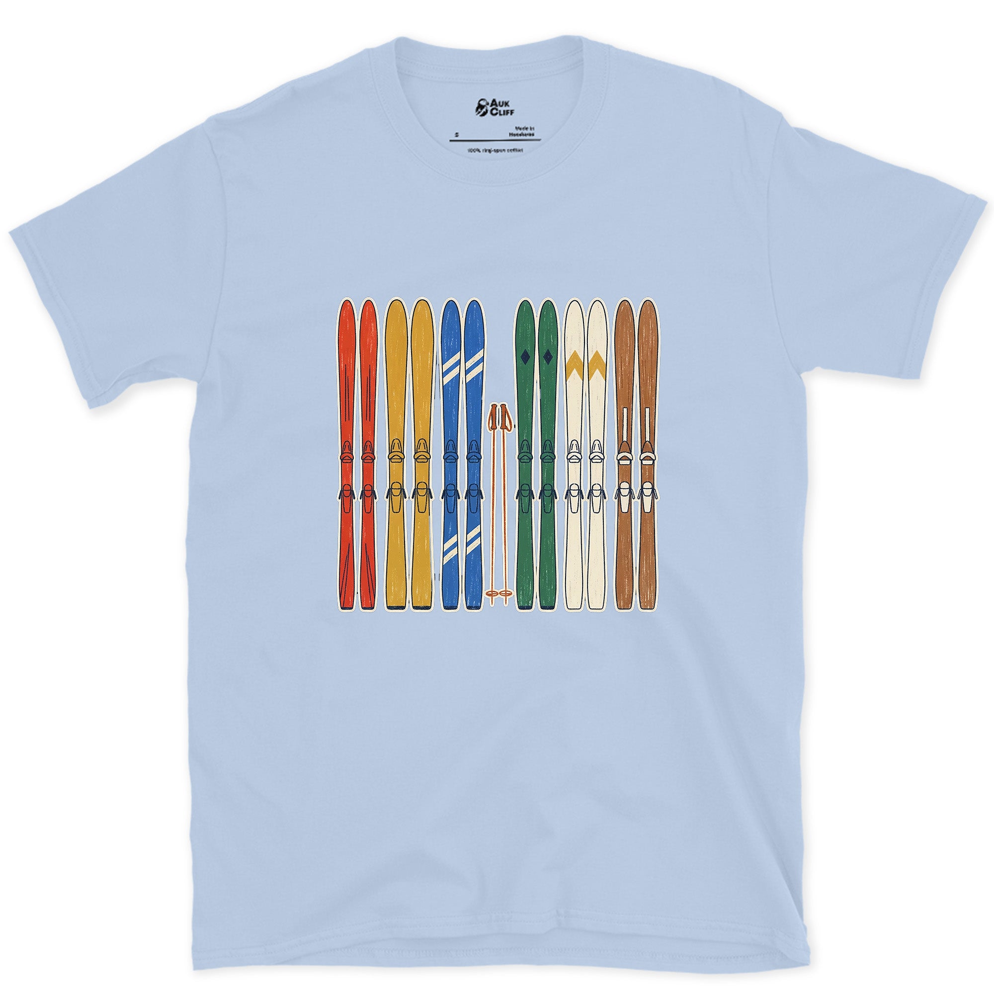 Racked Up and Ready, the Whole Ski Quiver design on a Light Blue Gildan Softstyle t-shirt