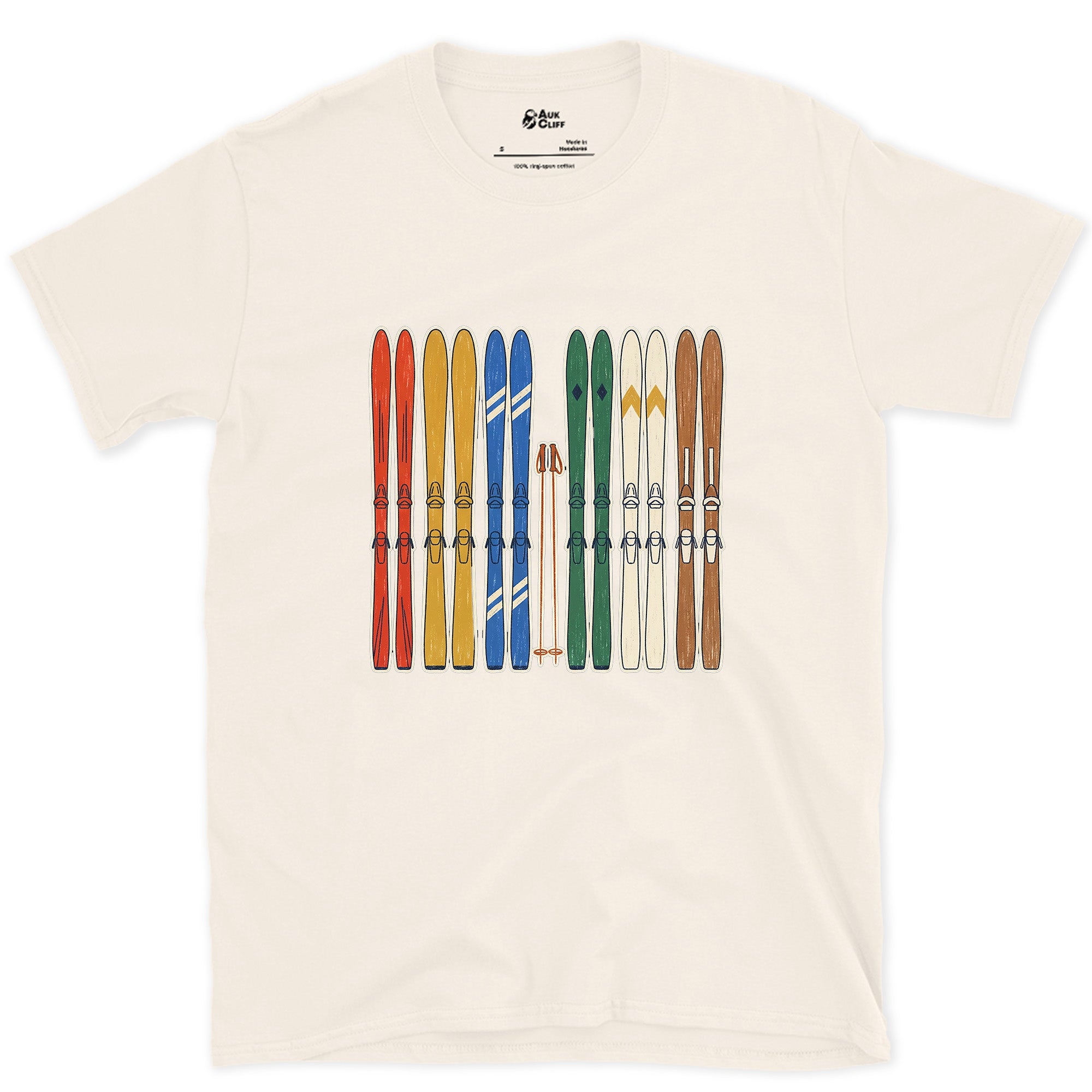 Racked Up and Ready, the Whole Ski Quiver design on a Natural Gildan Softstyle t-shirt
