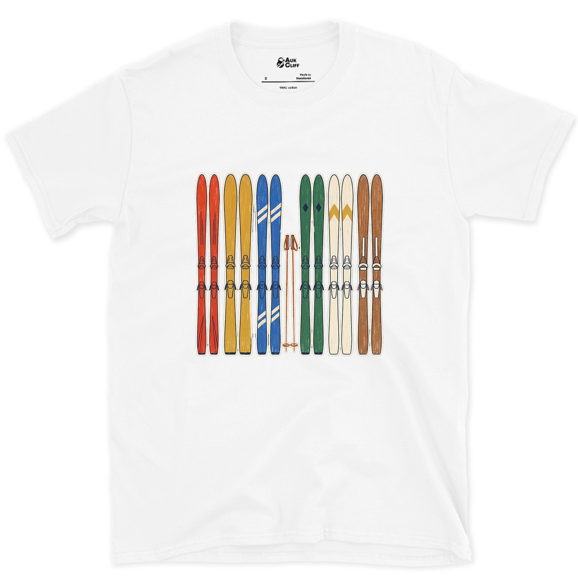 Racked Up and Ready, the Whole Ski Quiver design on a White Gildan Softstyle t-shirt