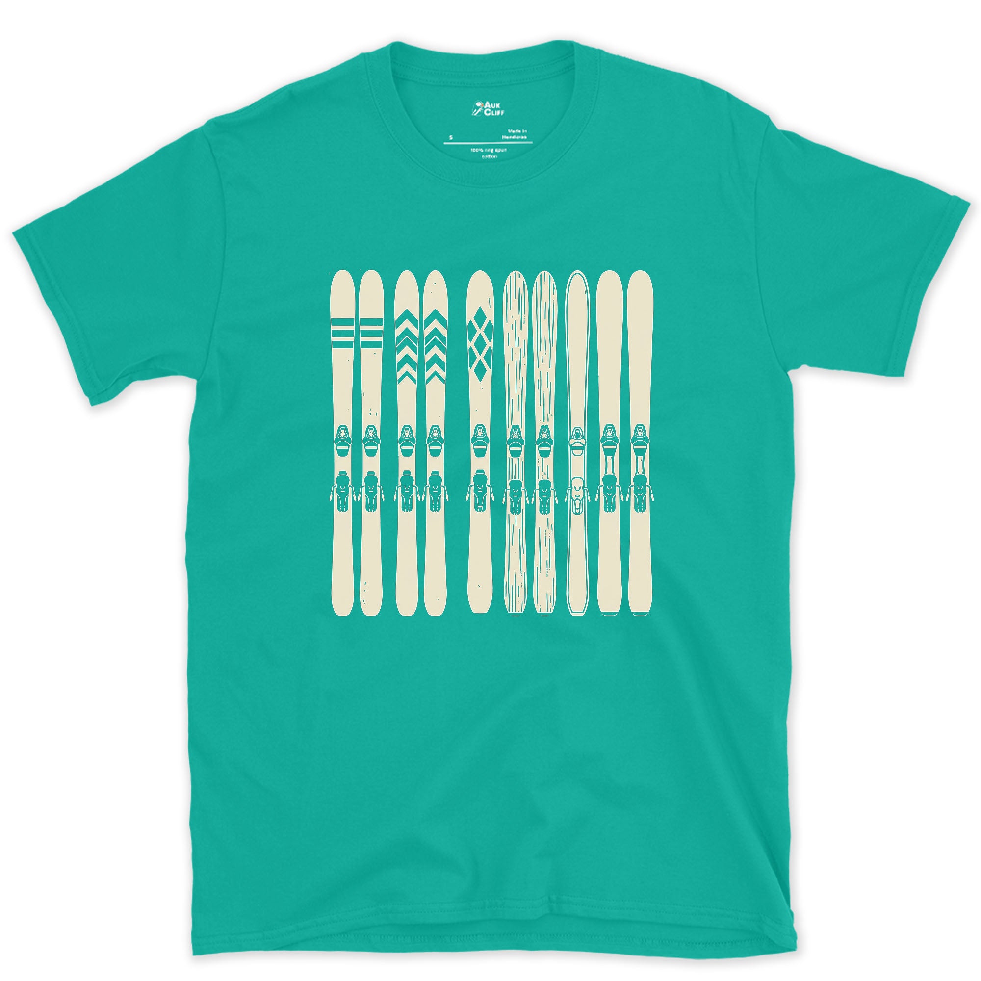 Waiting by the Door, Skis in a Row design on a Jade Dome Gildan Softstyle t-shirt