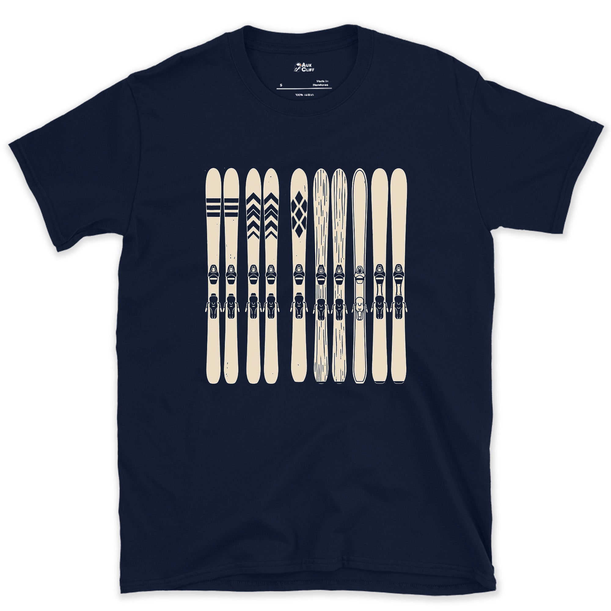 Waiting by the Door, Skis in a Row design on a Navy Gildan Softstyle t-shirt