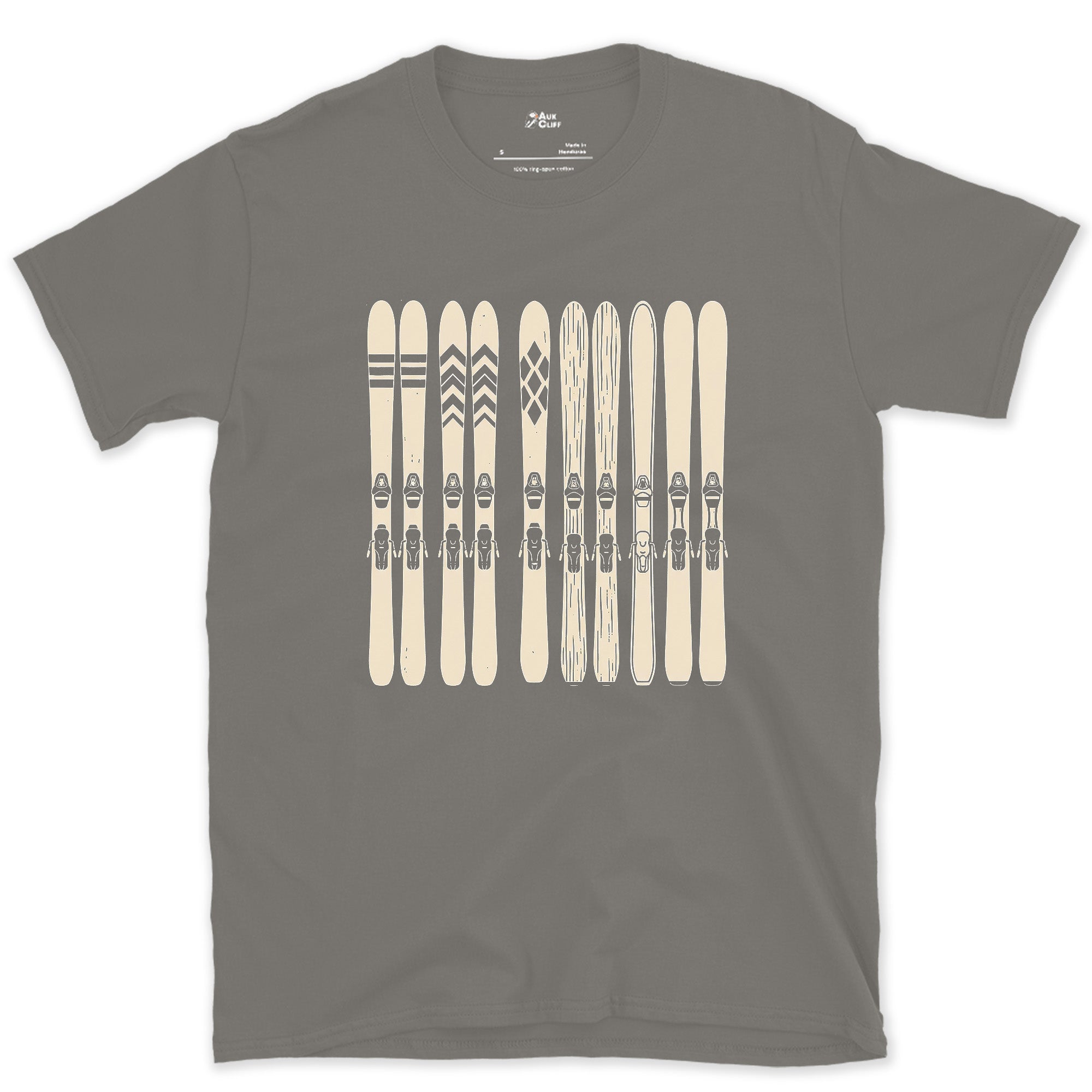 Waiting by the Door, Skis in a Row design on a Charcoal Gildan Softstyle t-shirt