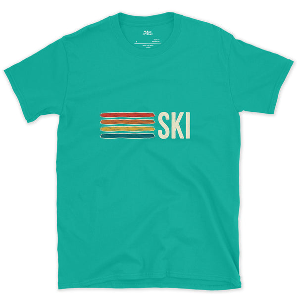 Retro Stripes Doing the Talking, Ski design on a Jade Dome Gildan Softstyle t-shirt