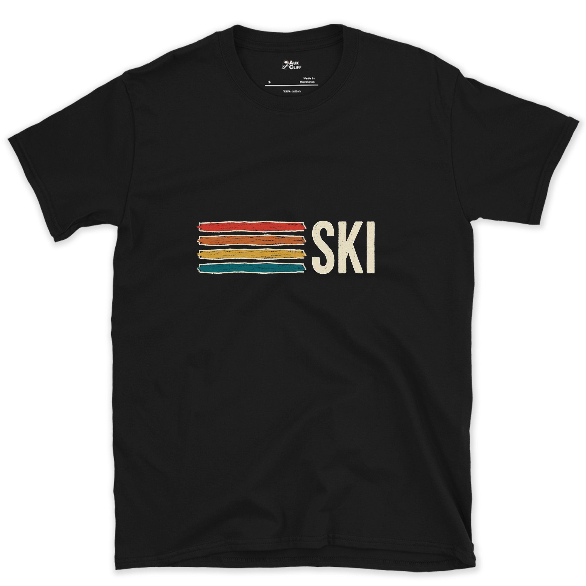 Retro Stripes Doing the Talking, Ski design on a Black Gildan Softstyle t-shirt