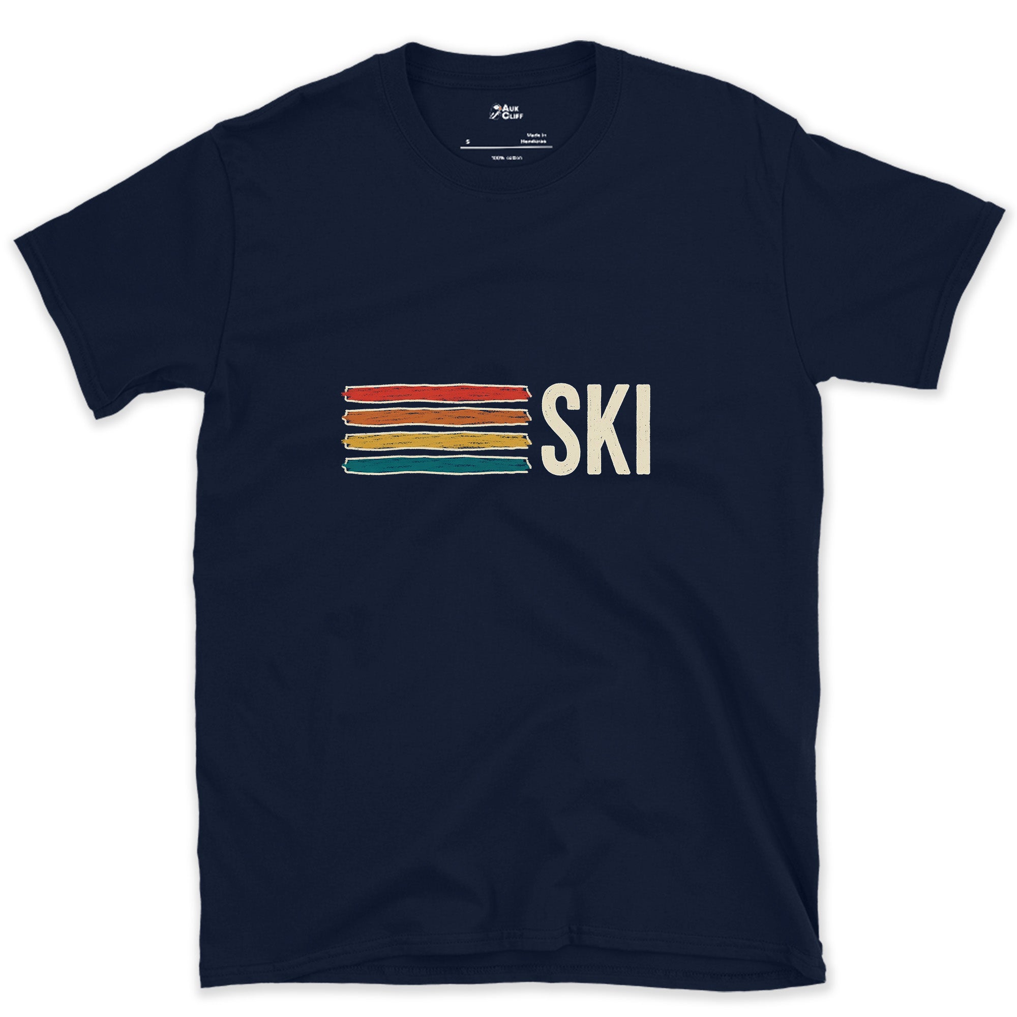 Retro Stripes Doing the Talking, Ski design on a Navy Gildan Softstyle t-shirt
