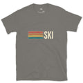 Retro Stripes Doing the Talking, Ski design on a Charcoal Gildan Softstyle t-shirt