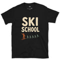 Ski School, Line of Snowplough Turns design on a Black Gildan Softstyle t-shirt