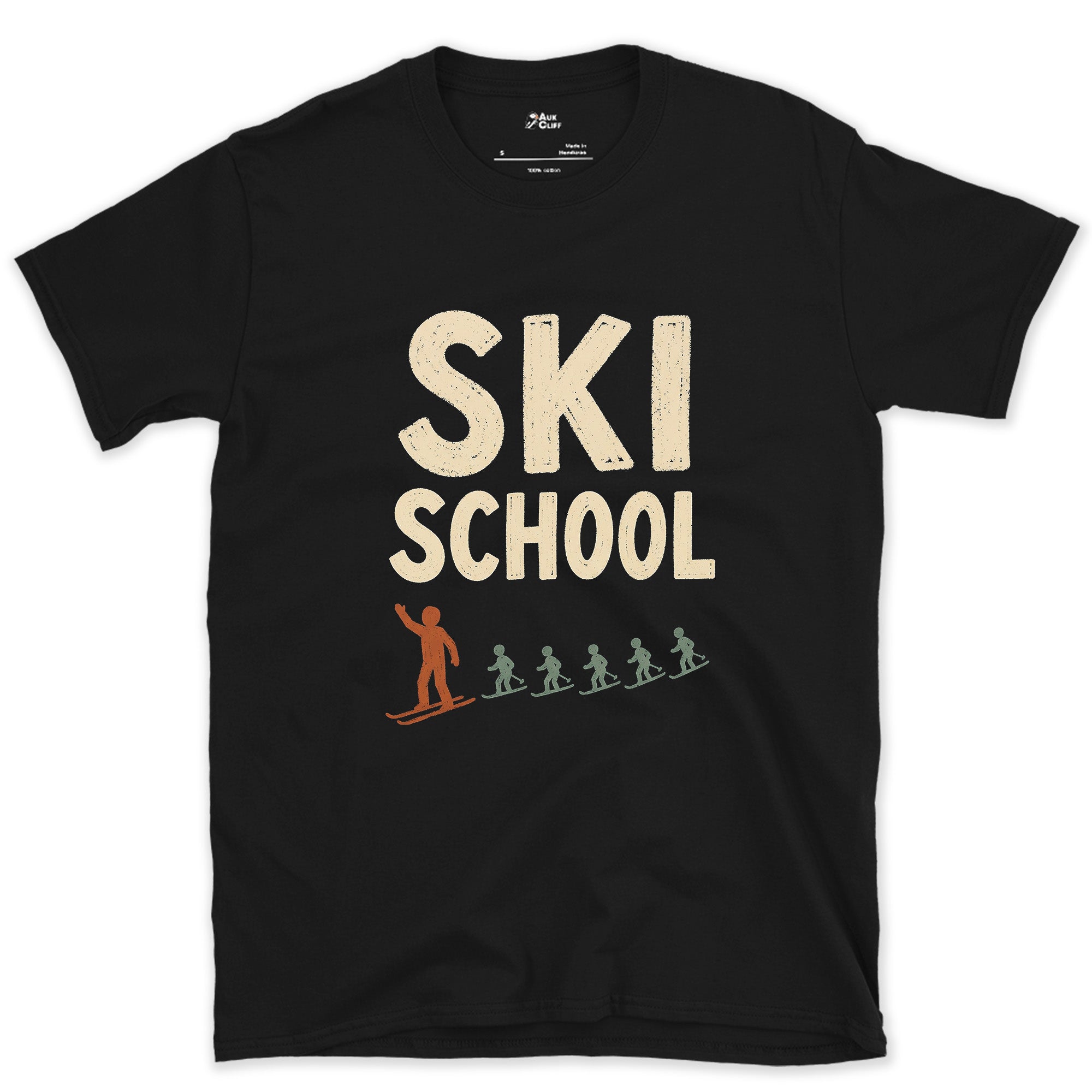 Ski School, Line of Snowplough Turns design on a Black Gildan Softstyle t-shirt