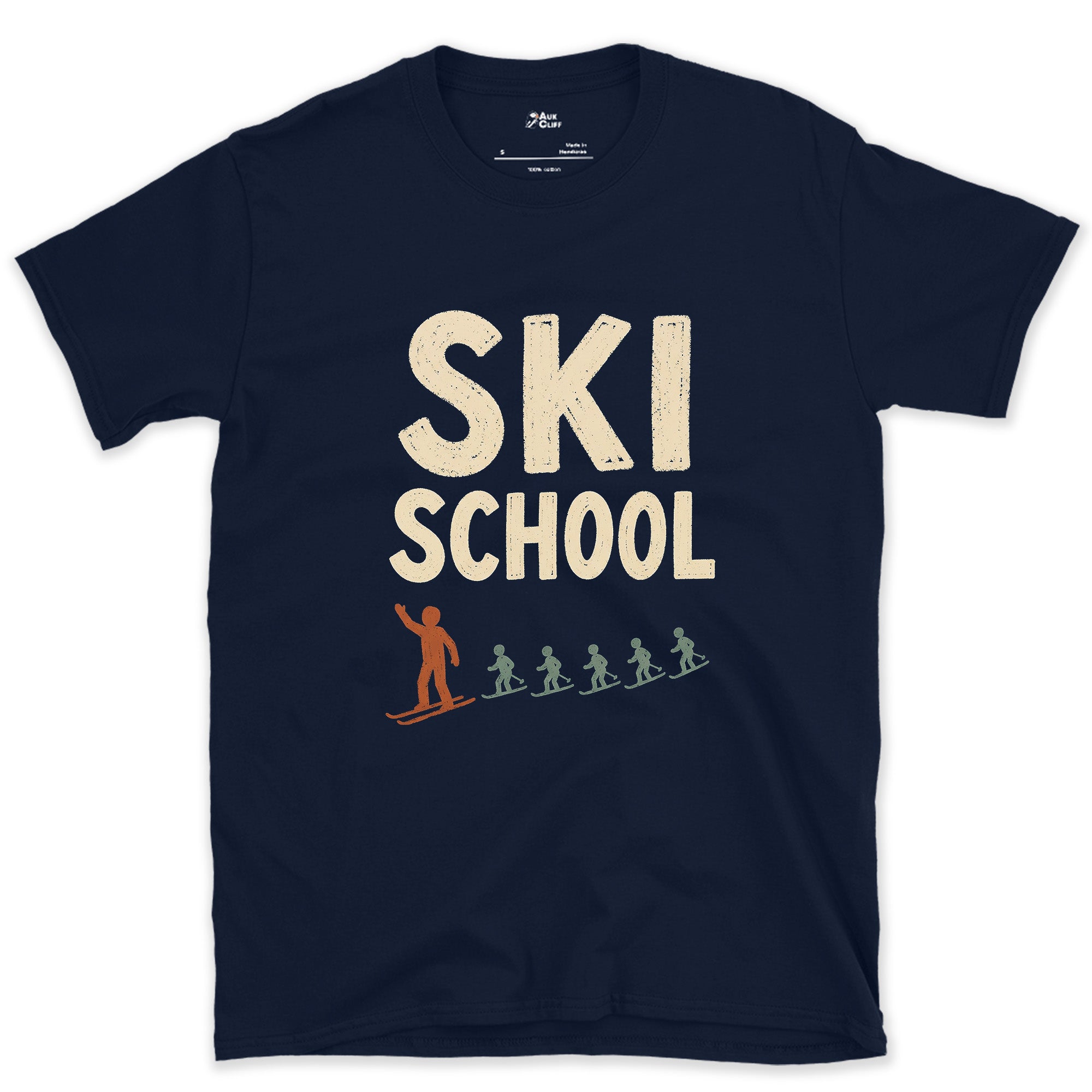 Ski School, Line of Snowplough Turns design on a Navy Gildan Softstyle t-shirt