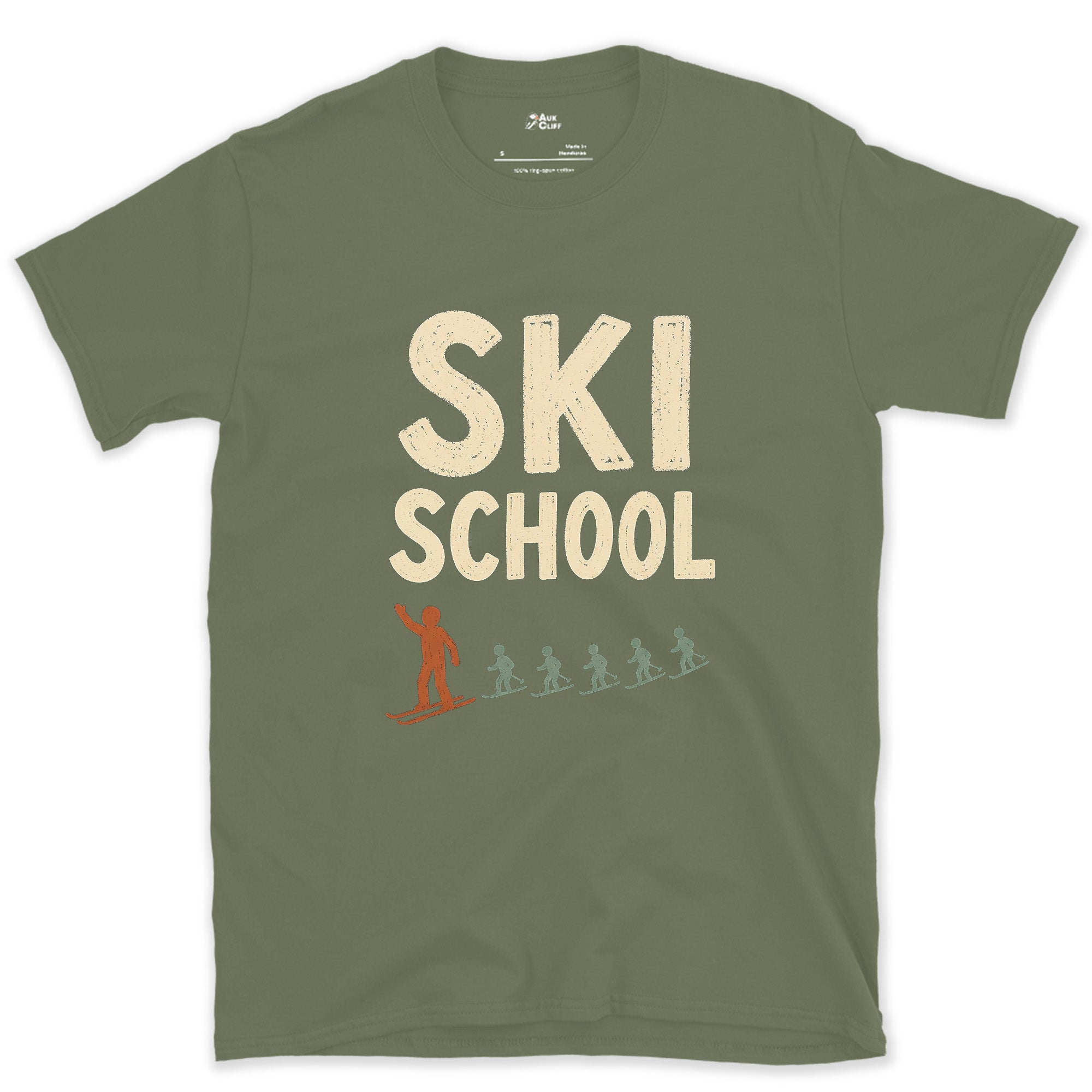 Ski School, Line of Snowplough Turns design on a Military Green Gildan Softstyle t-shirt