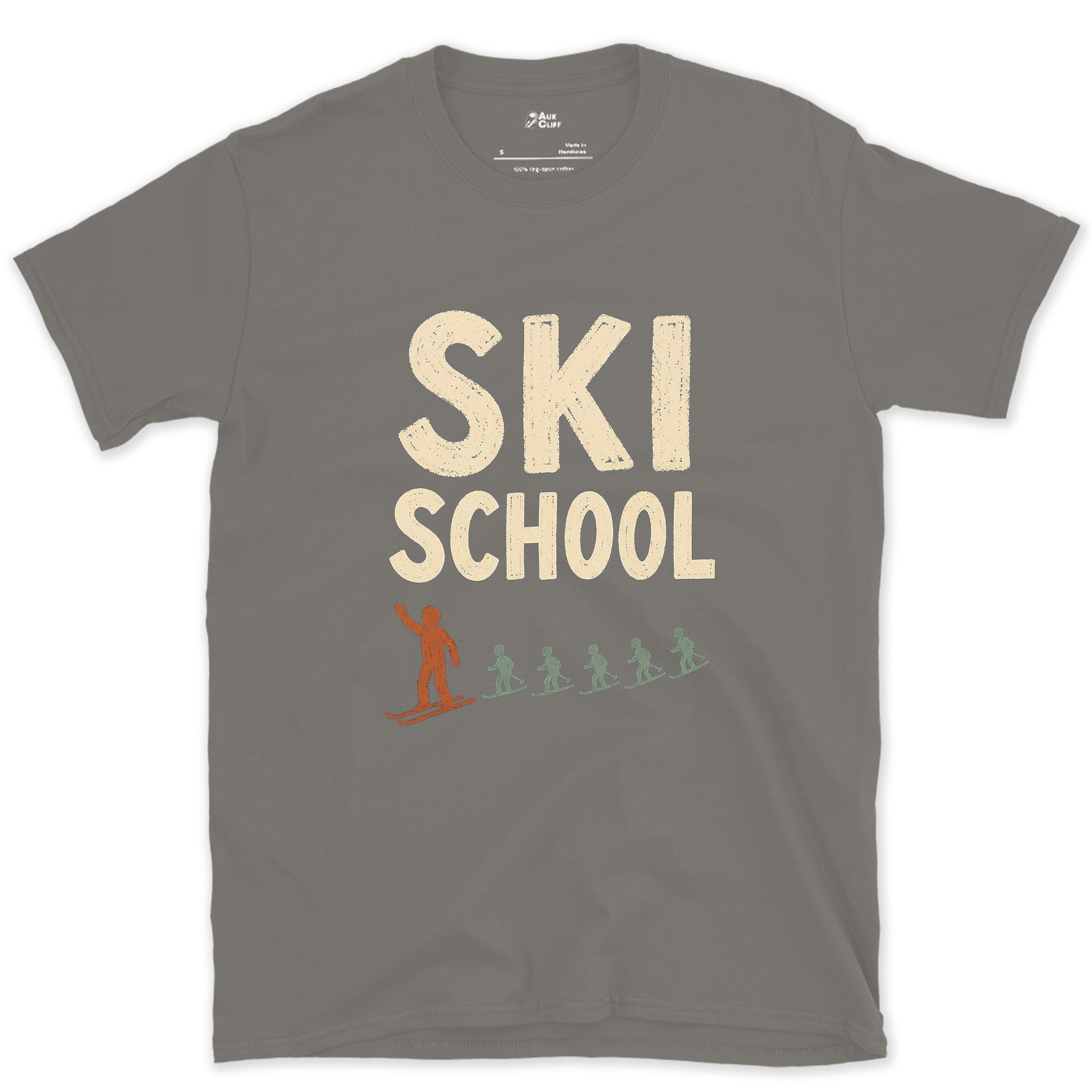 Ski School, Line of Snowplough Turns design on a Charcoal Gildan Softstyle t-shirt