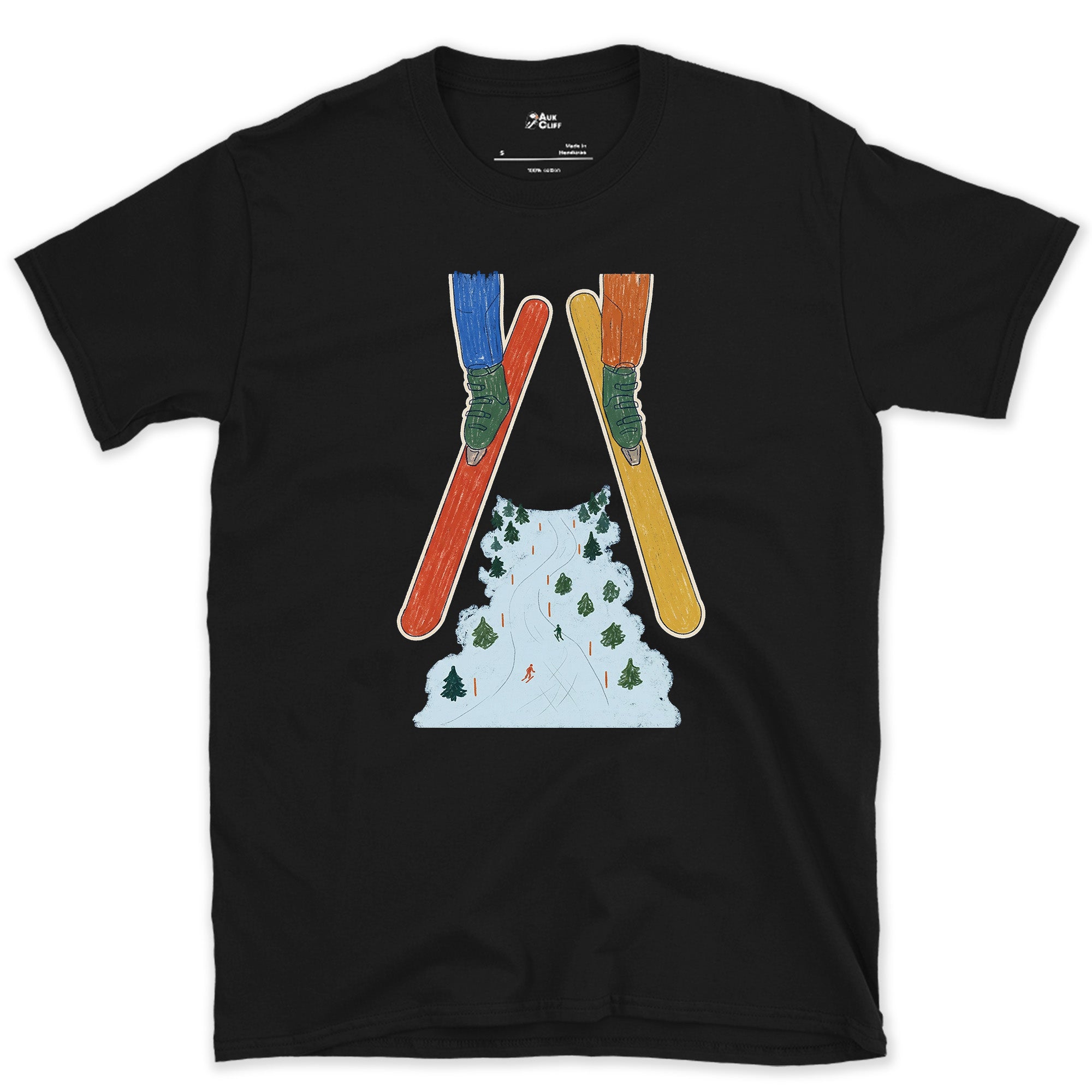 Crossed Skis Frame the Piste Beyond design on a Black Gildan Softstyle t-shirt