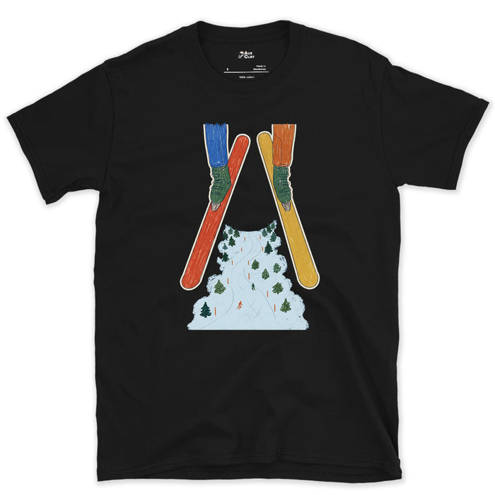 Crossed Skis Frame the Piste Beyond design on a Black Gildan Softstyle t-shirt