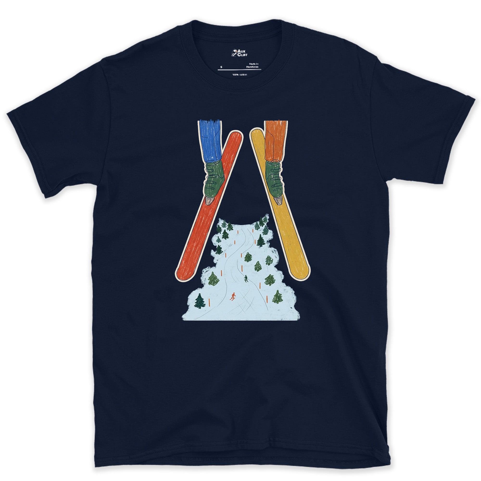 Crossed Skis Frame the Piste Beyond design on a Navy Gildan Softstyle t-shirt
