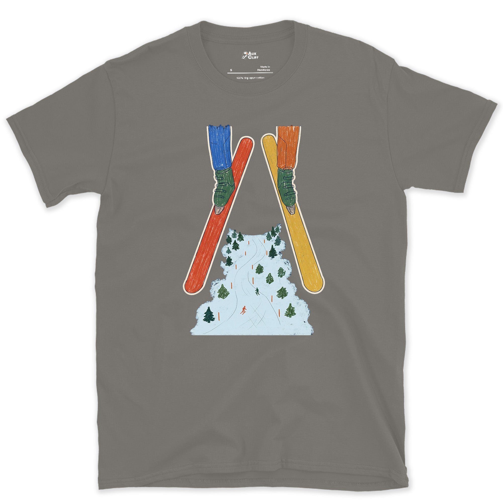 Crossed Skis Frame the Piste Beyond design on a Charcoal Gildan Softstyle t-shirt