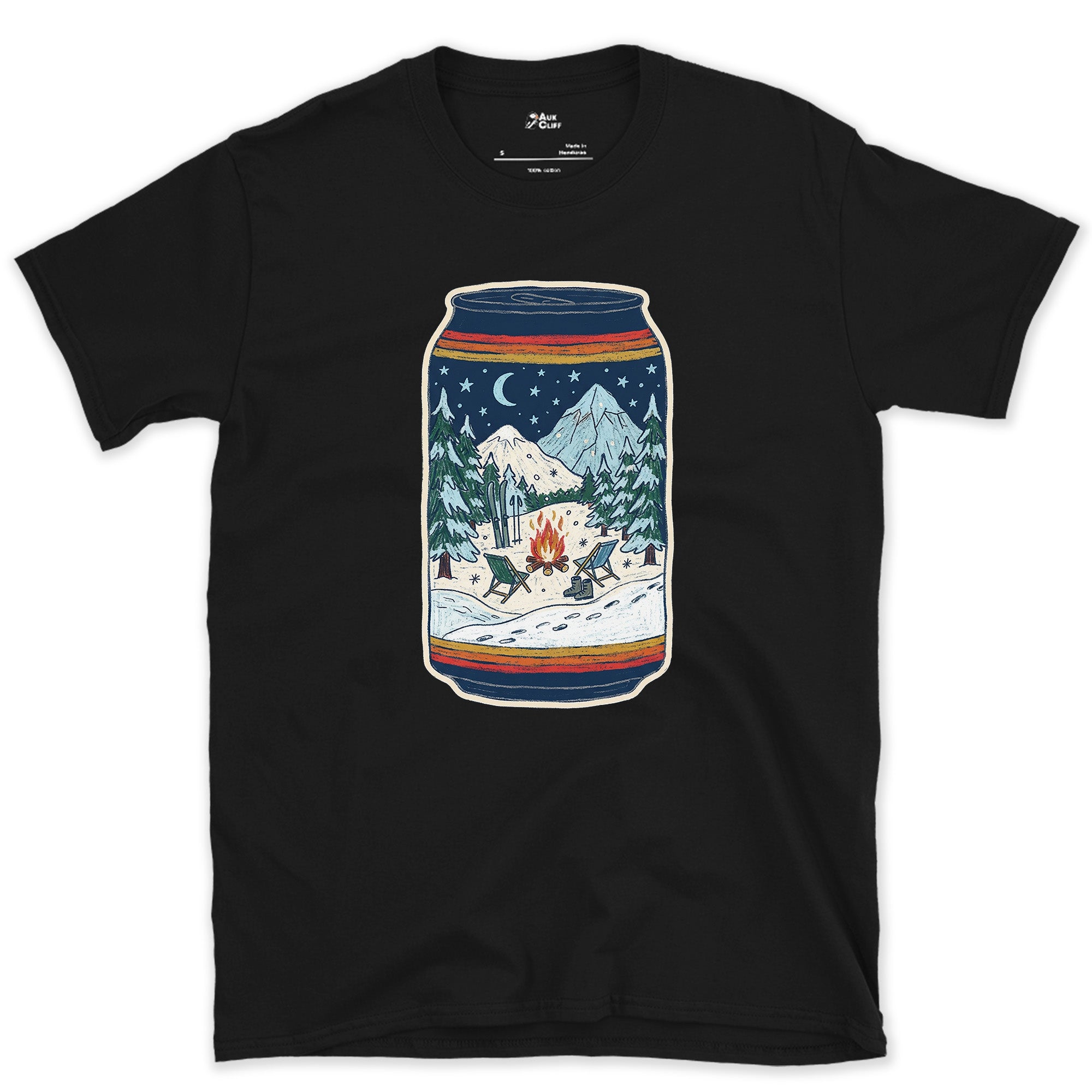 Flames Under Peaks, Held in a Can design on a Black Gildan Softstyle t-shirt