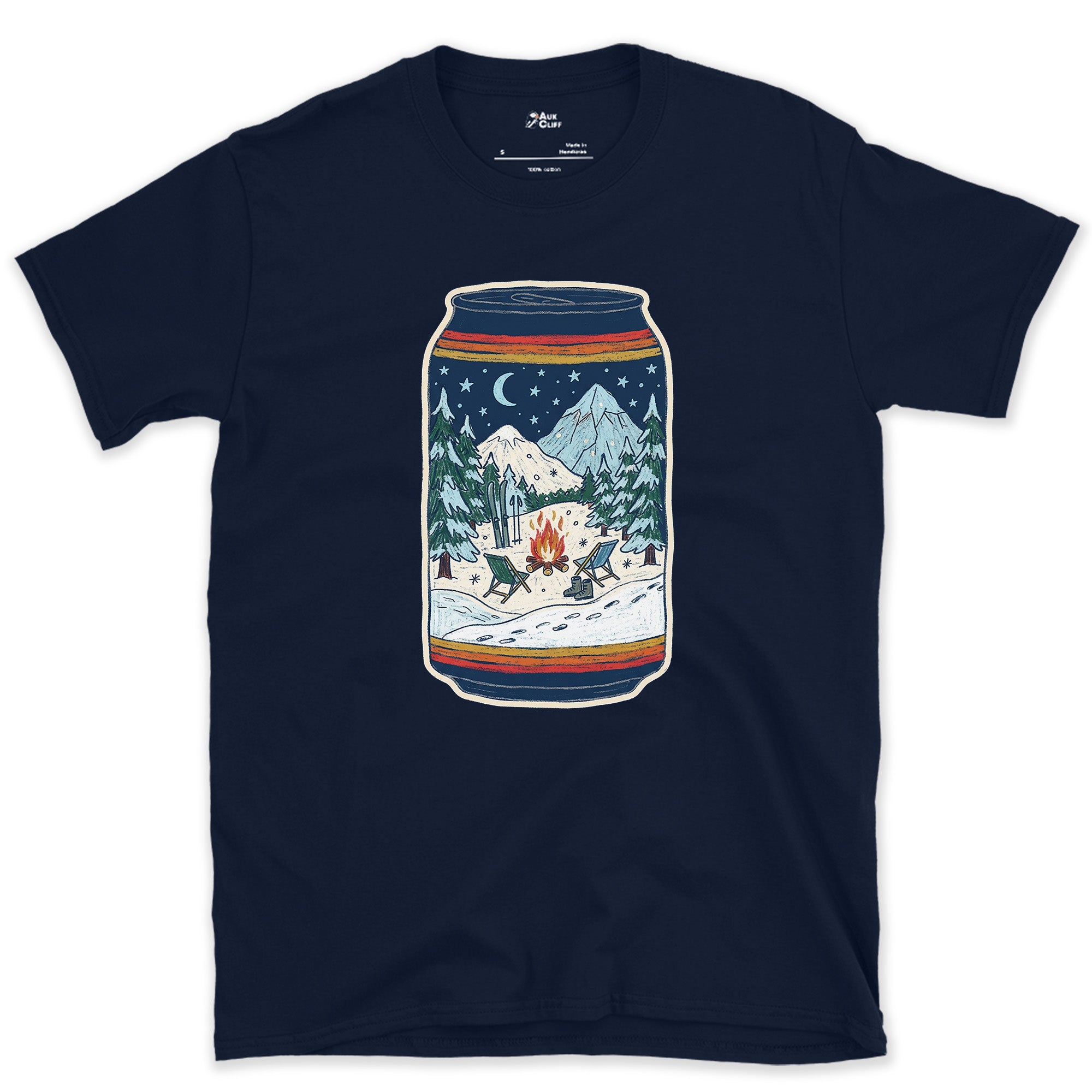 Flames Under Peaks, Held in a Can design on a Navy Gildan Softstyle t-shirt