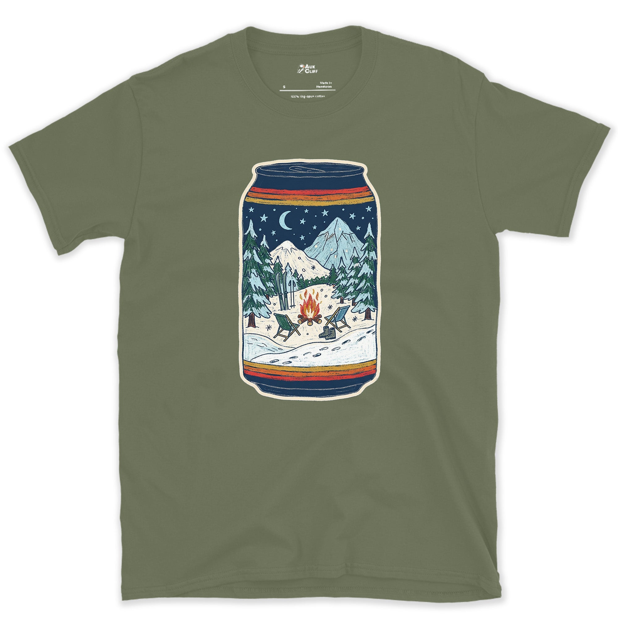 Flames Under Peaks, Held in a Can design on a Military Green Gildan Softstyle t-shirt
