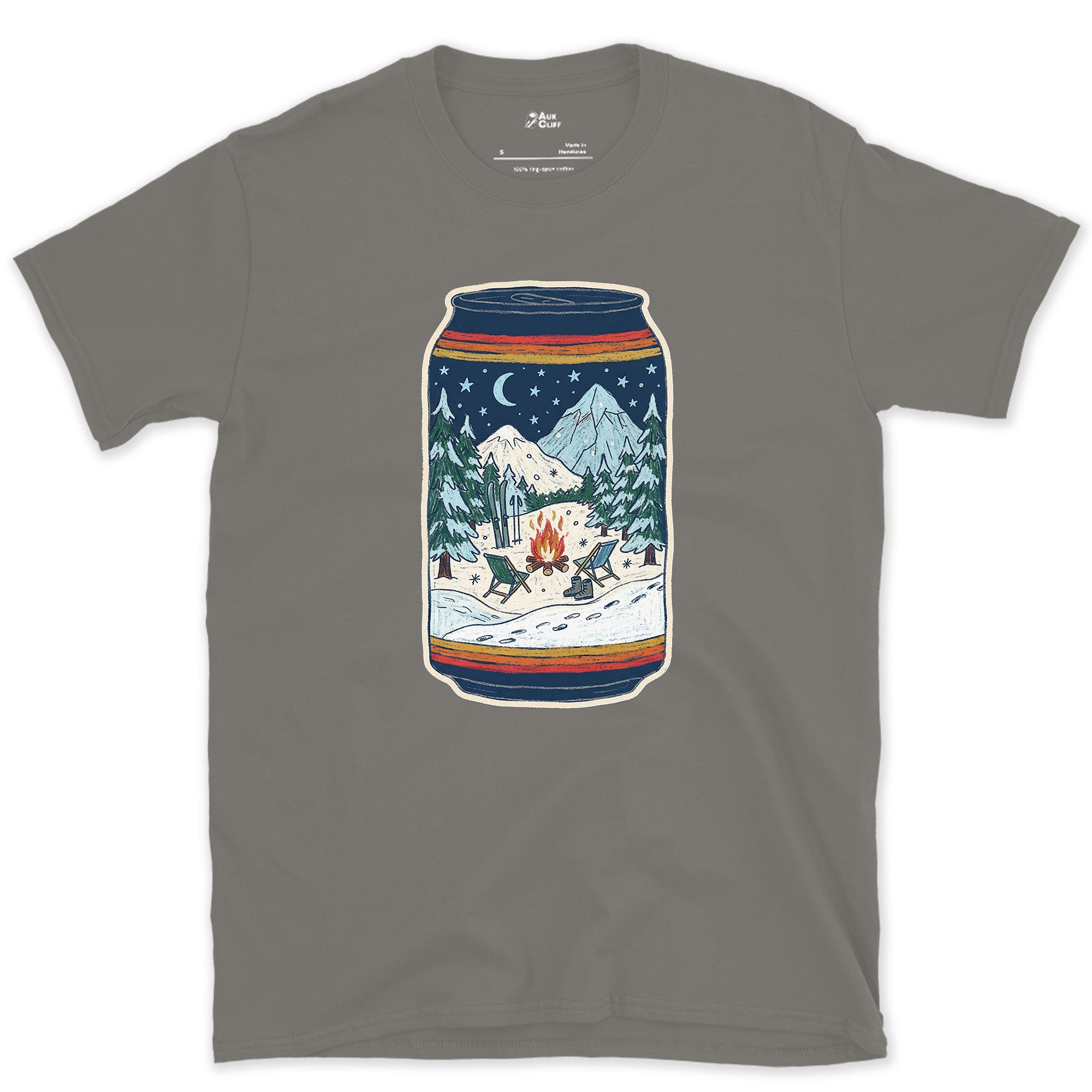 Flames Under Peaks, Held in a Can design on a Charcoal Gildan Softstyle t-shirt