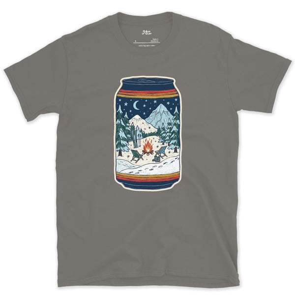 Flames Under Peaks, Held in a Can design on a Charcoal Gildan Softstyle t-shirt