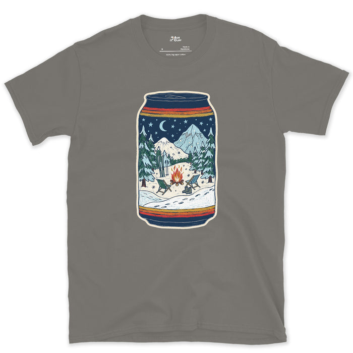 Flames Under Peaks, Held in a Can design on a Charcoal Gildan Softstyle t-shirt