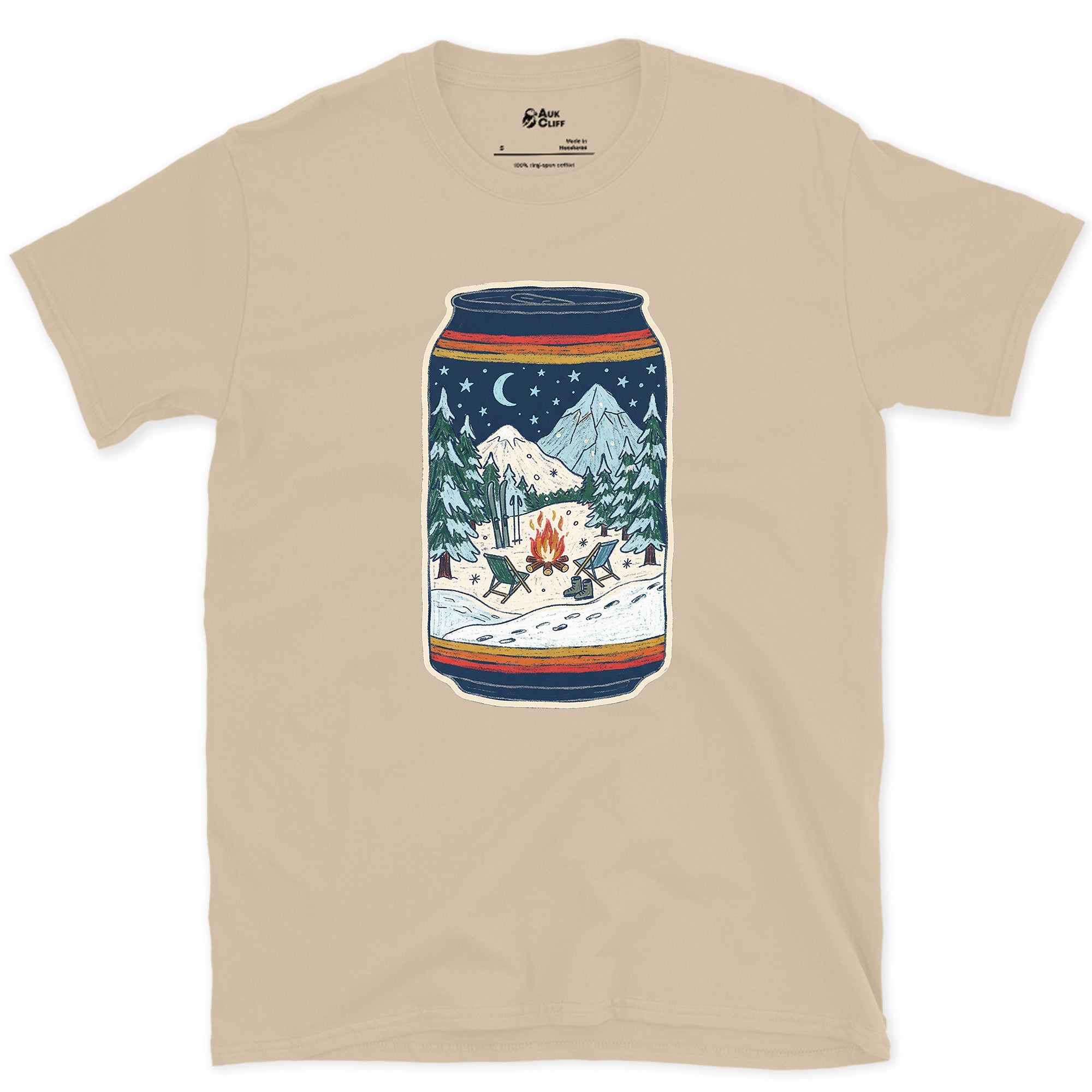 Flames Under Peaks, Held in a Can design on a Sand Gildan Softstyle t-shirt