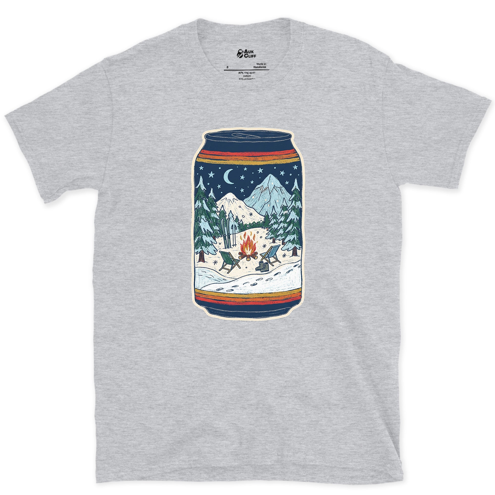 Flames Under Peaks, Held in a Can design on a Sport Grey Gildan Softstyle t-shirt