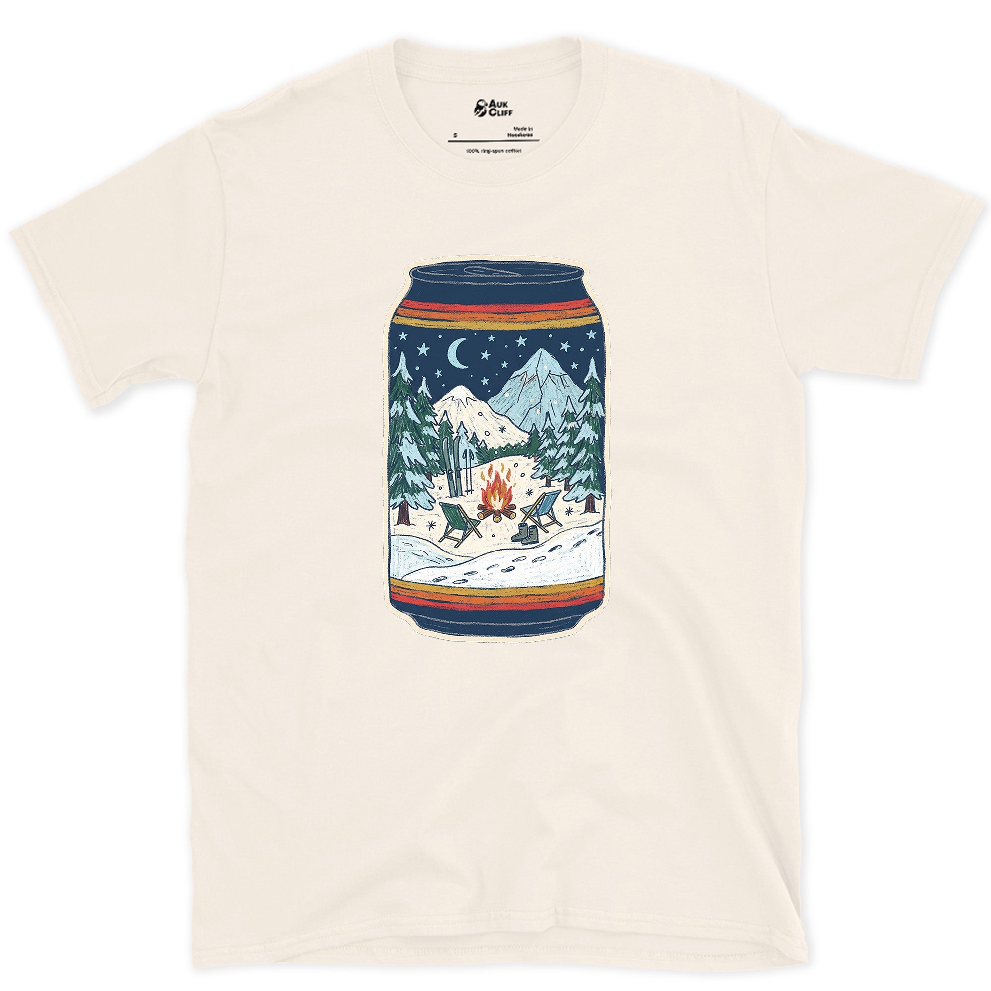 Flames Under Peaks, Held in a Can design on a Natural Gildan Softstyle t-shirt