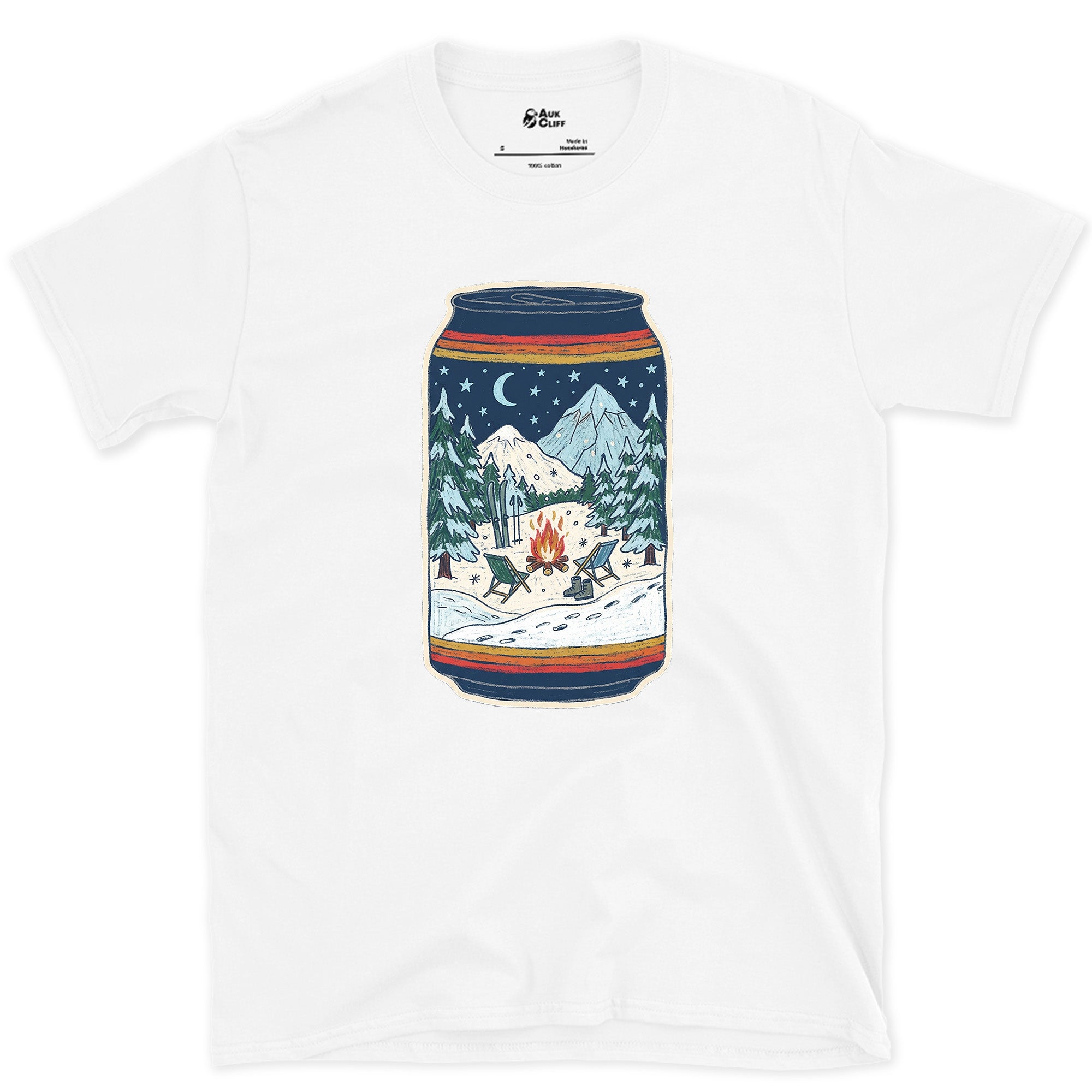 Flames Under Peaks, Held in a Can design on a White Gildan Softstyle t-shirt