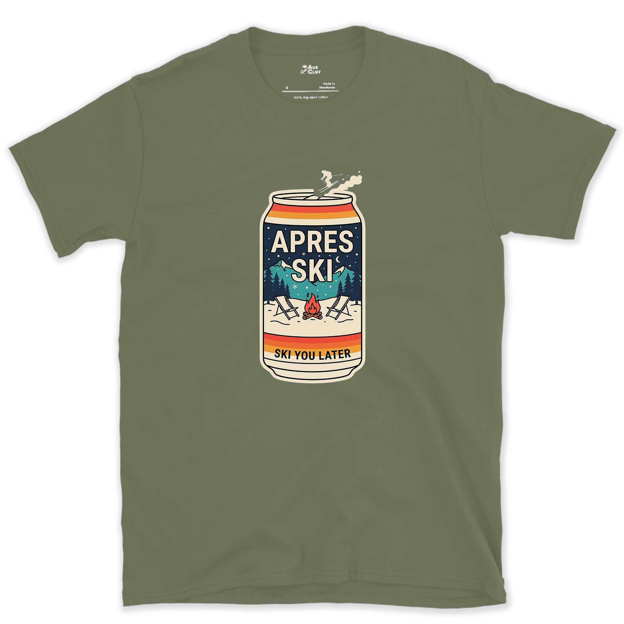 Real Beer Can Art, Ski You Later design on a Military Green Gildan Softstyle t-shirt