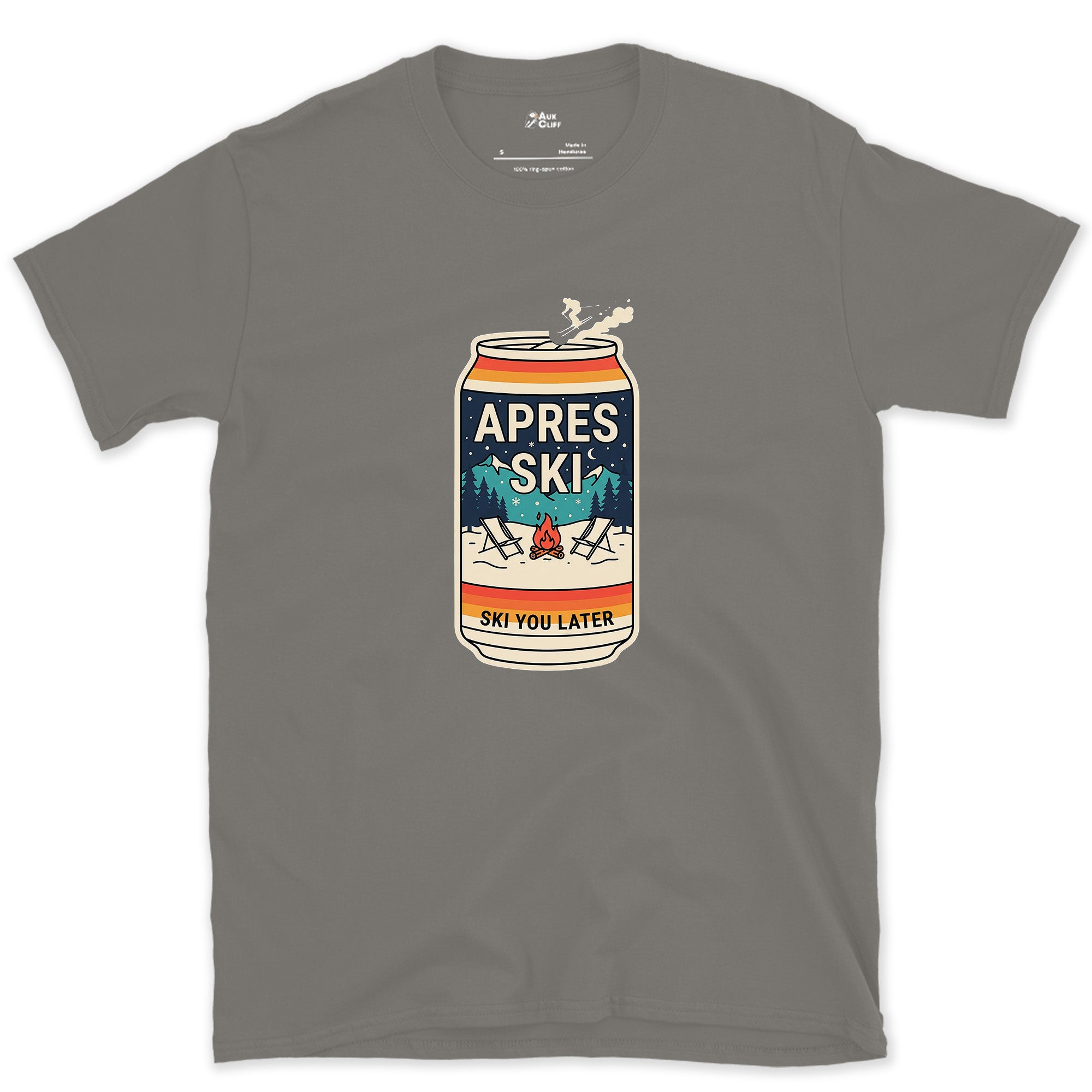 Real Beer Can Art, Ski You Later design on a Charcoal Gildan Softstyle t-shirt