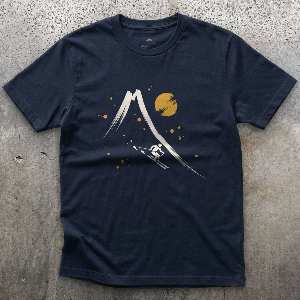 Skier Off the Peak design on a Navy Gildan Softstyle t-shirt