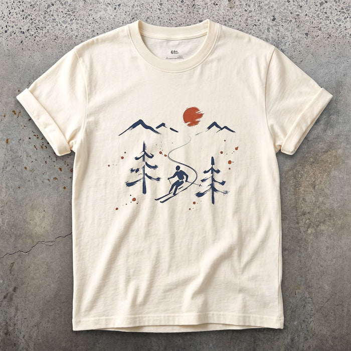 Pines and Peaks Ski design on a Natural Gildan Softstyle t-shirt
