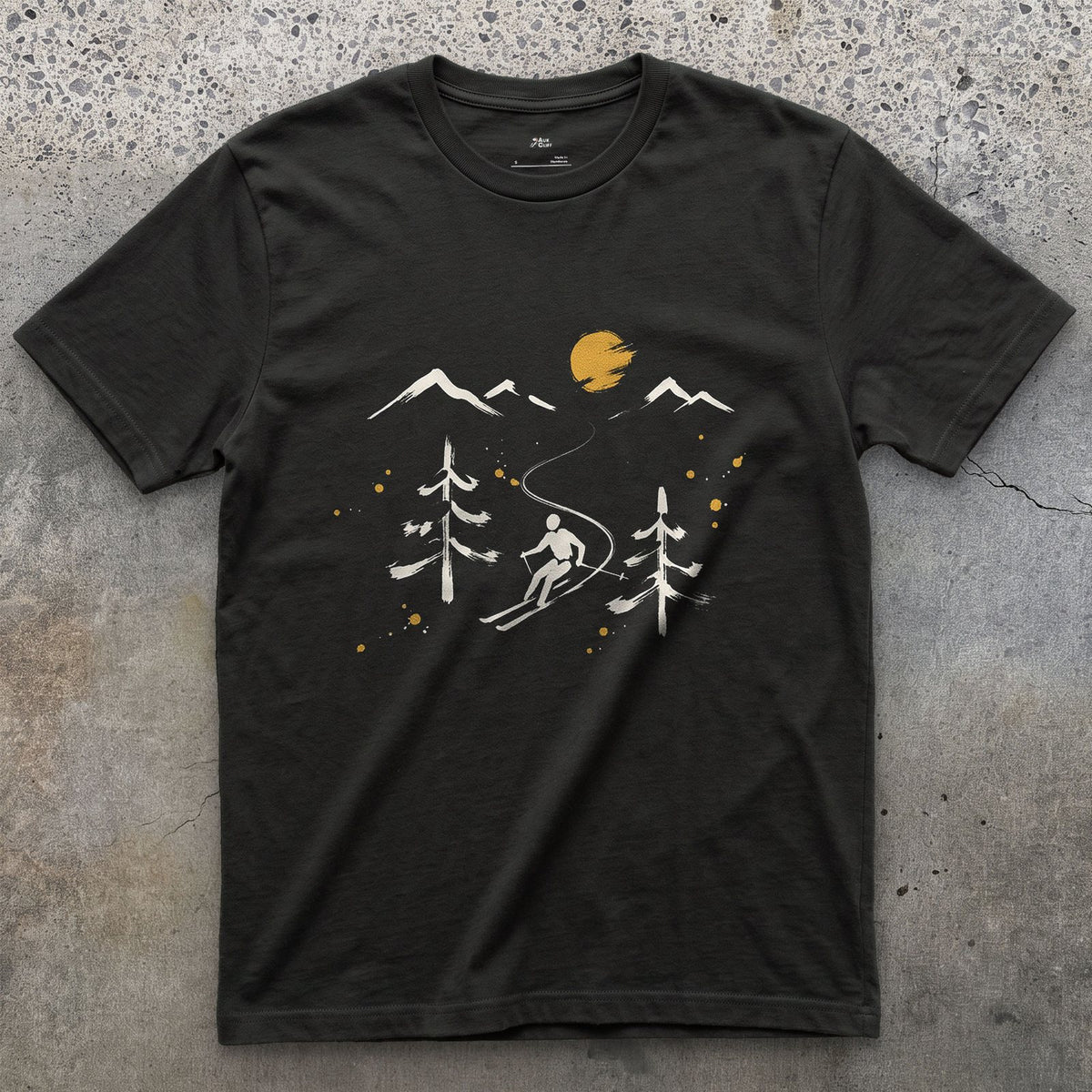 Pines and Peaks Ski design on a Black Gildan Softstyle t-shirt