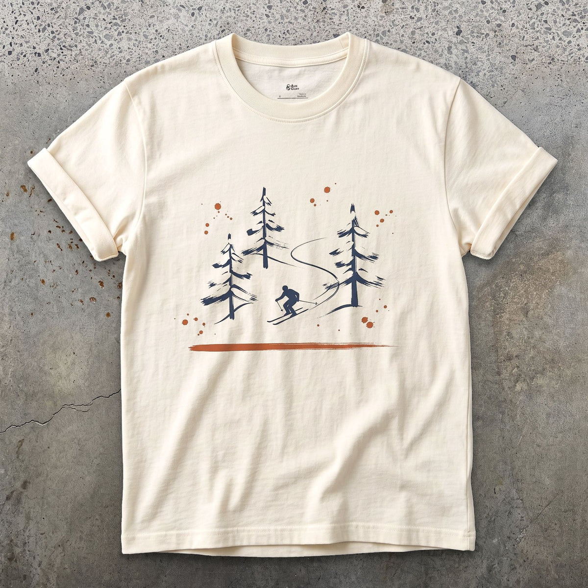 Skier Through the Pines design on a Natural Gildan Softstyle t-shirt