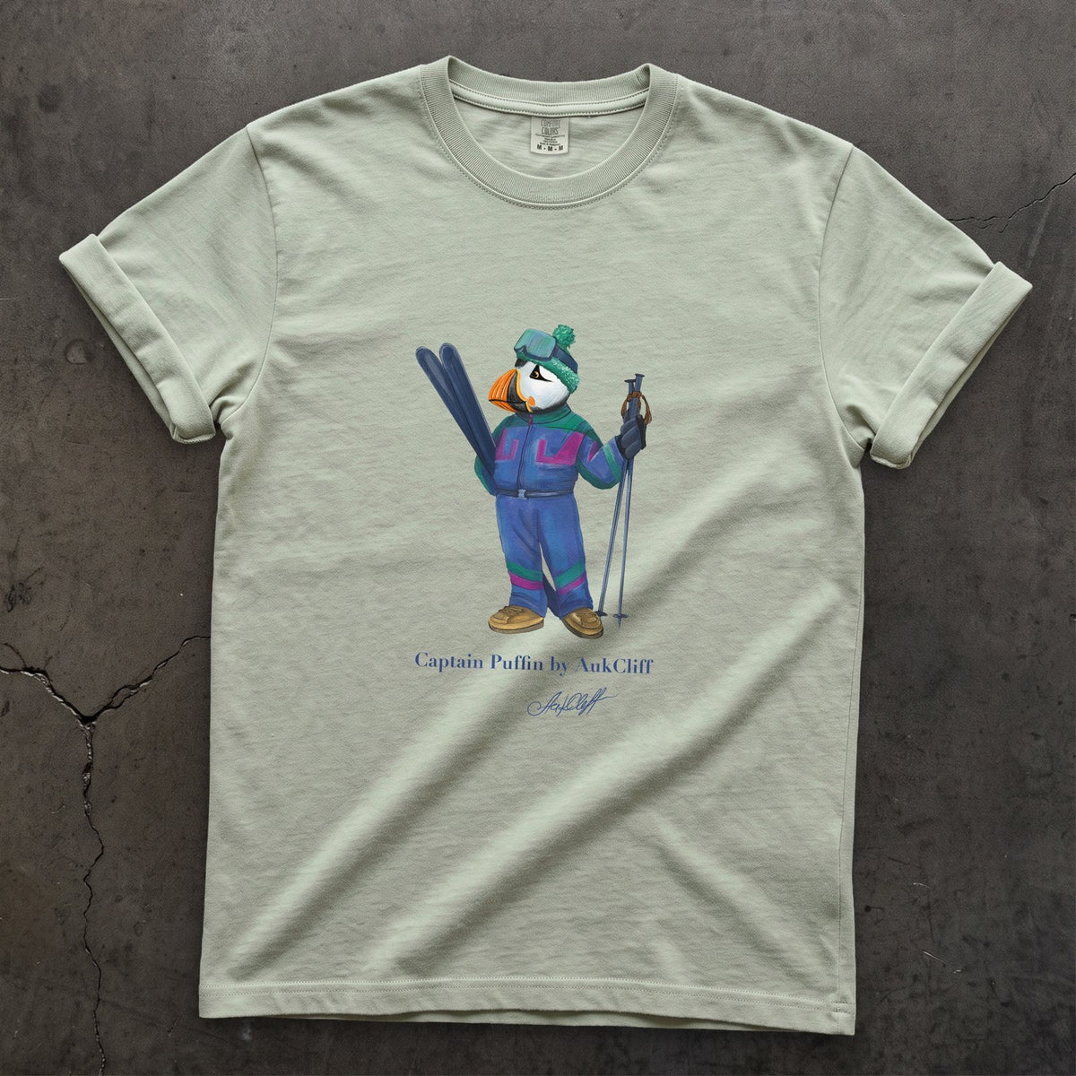 Captain Puffin Retro Ski on a Bay Comfort Colors t-shirt