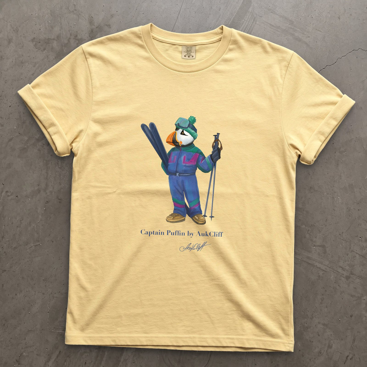 Captain Puffin Retro Ski on a Butter Comfort Colors t-shirt