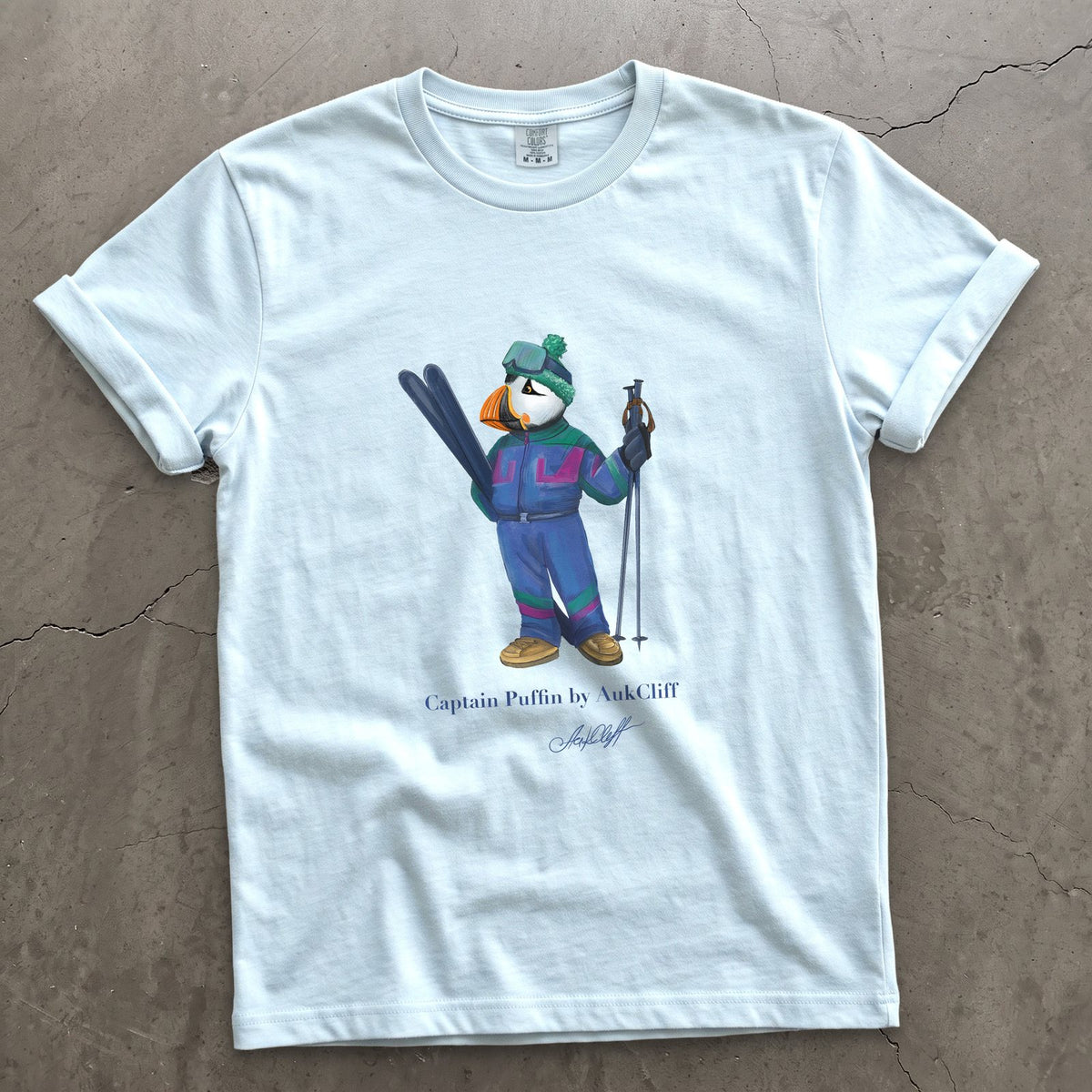 Captain Puffin Retro Ski on a Chambray Comfort Colors t-shirt