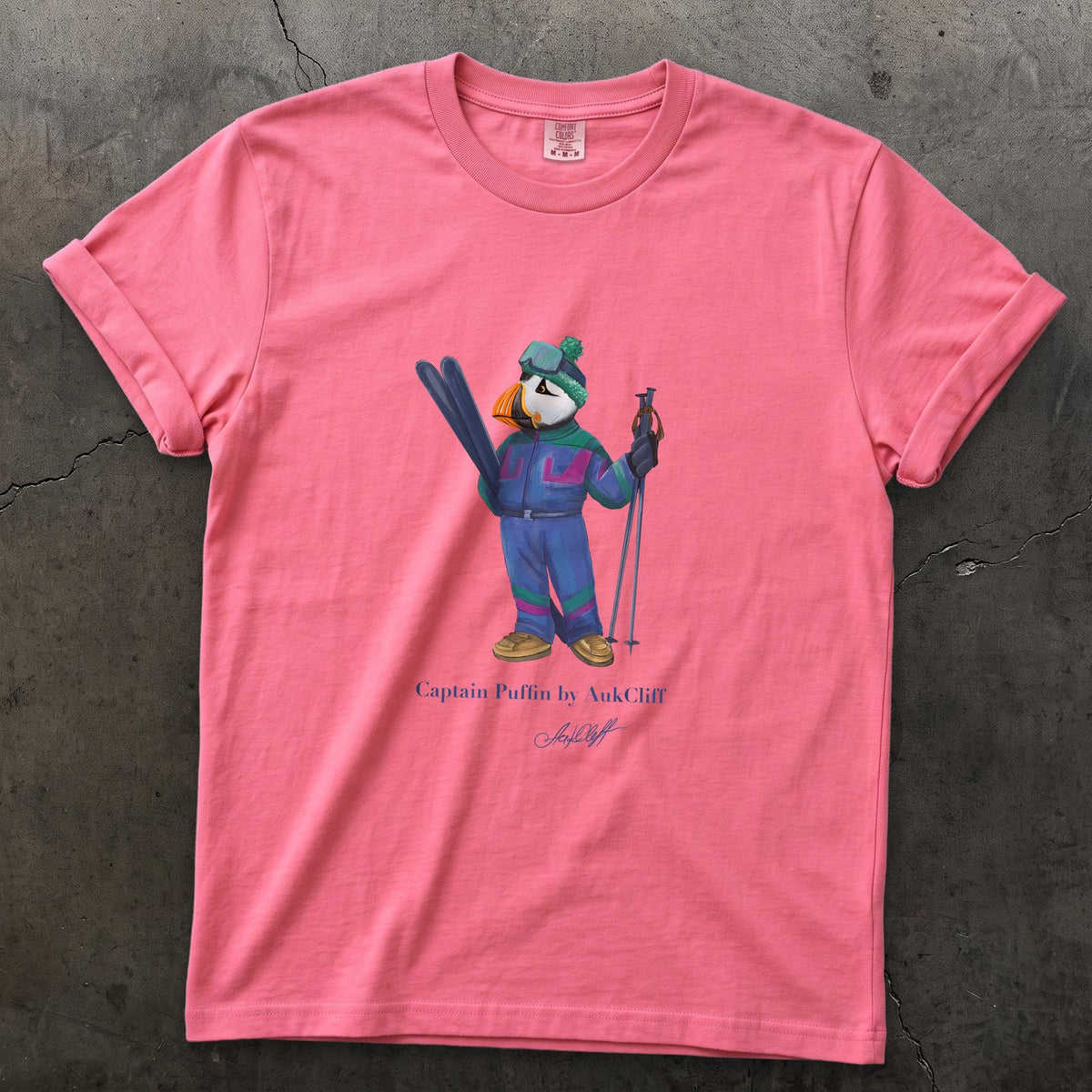 Captain Puffin Retro Ski on a Crunchberry Comfort Colors t-shirt