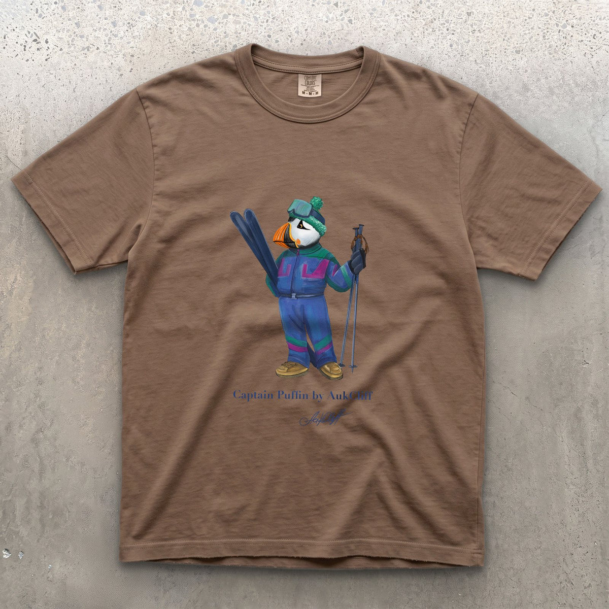 Captain Puffin Retro Ski on a Espresso Comfort Colors t-shirt