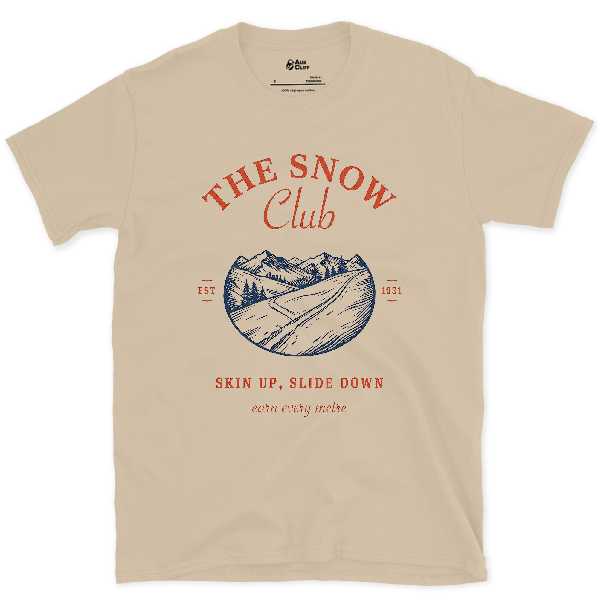 The Snow Club, a Closer Look at the Ridgeline design on a Sand Gildan Softstyle t-shirt