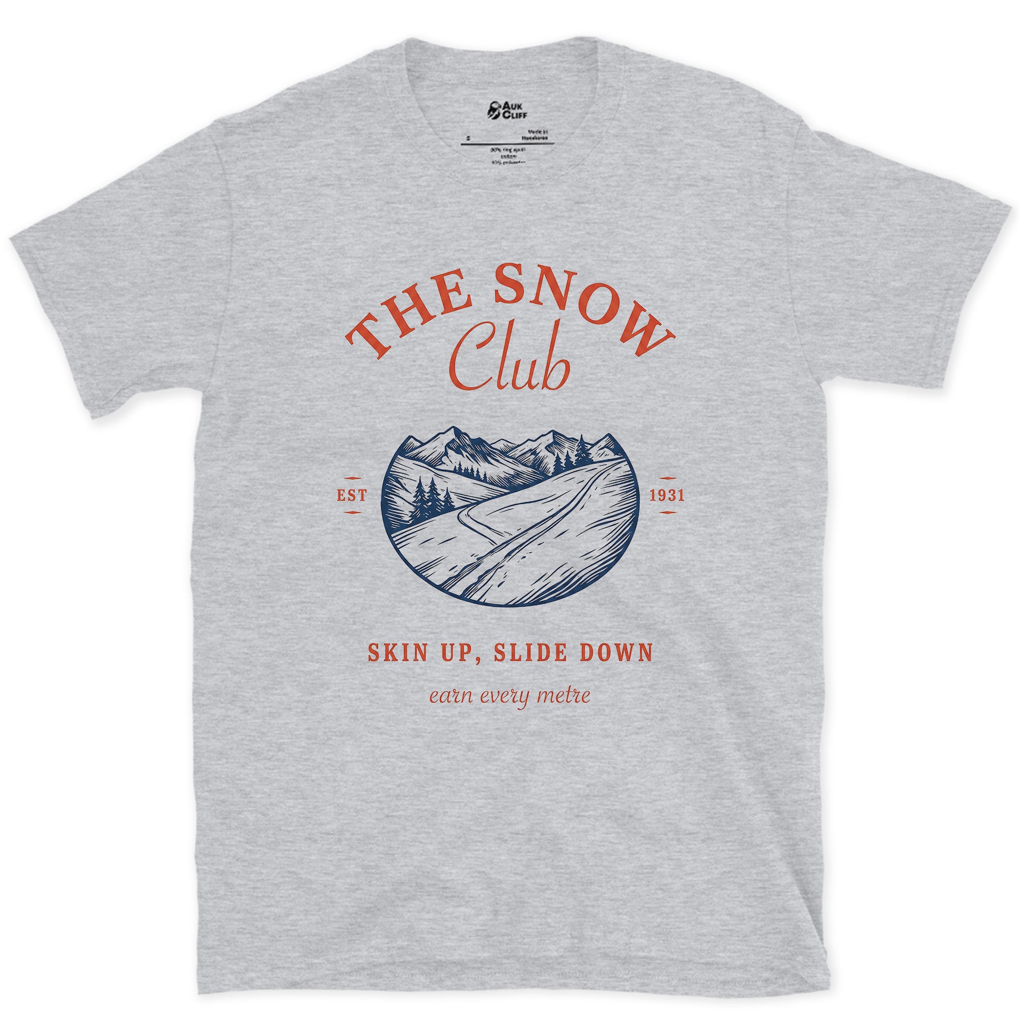 The Snow Club, a Closer Look at the Ridgeline design on a Sport Grey Gildan Softstyle t-shirt