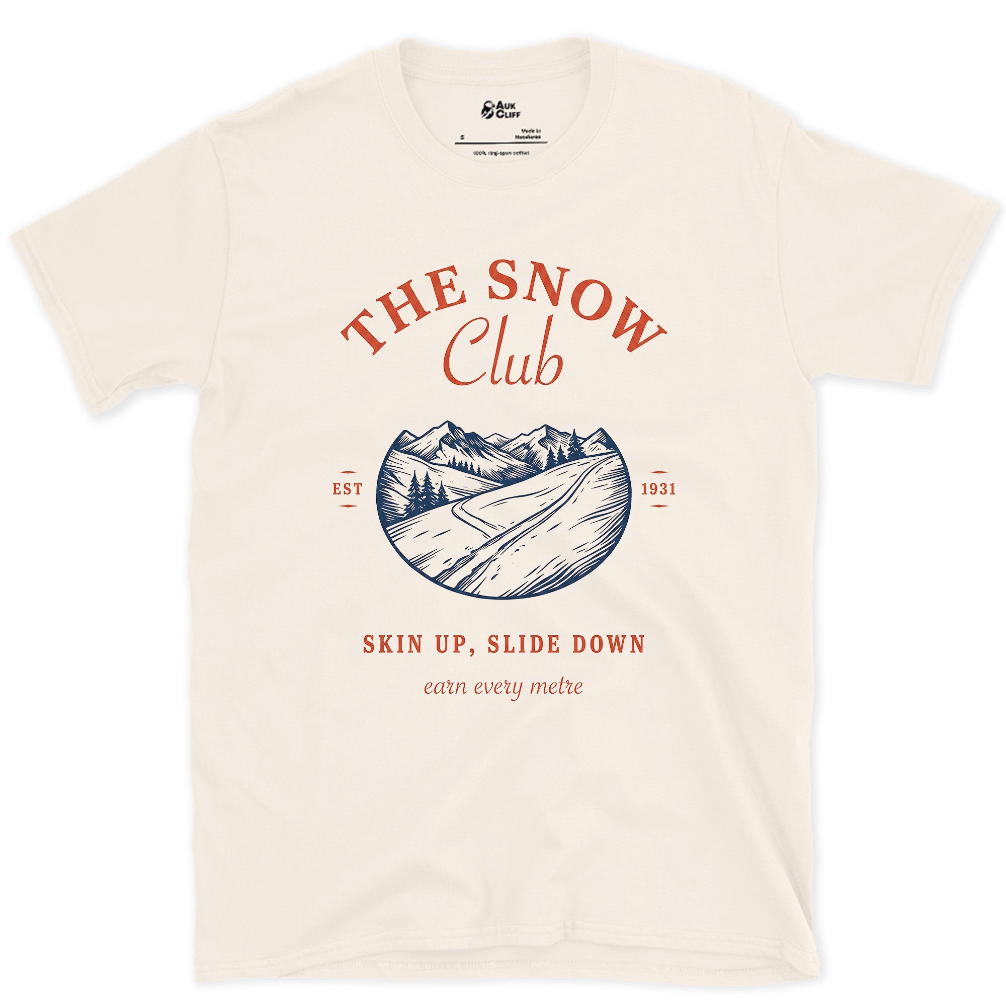 The Snow Club, a Closer Look at the Ridgeline design on a Natural Gildan Softstyle t-shirt