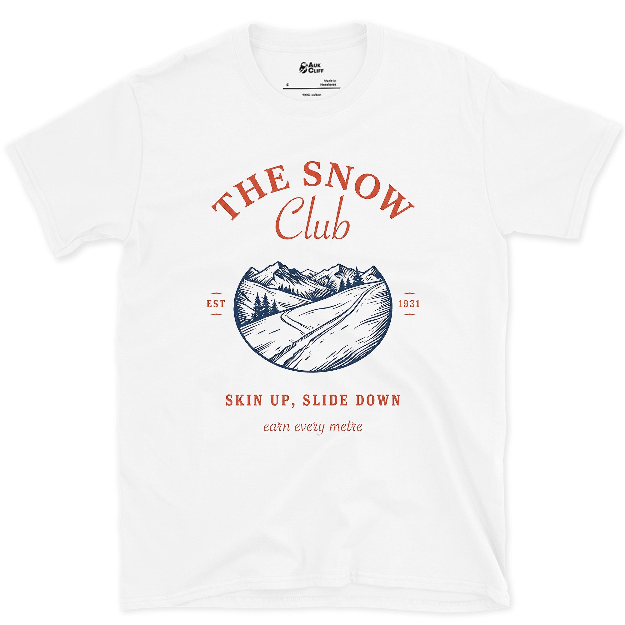 The Snow Club, a Closer Look at the Ridgeline design on a White Gildan Softstyle t-shirt