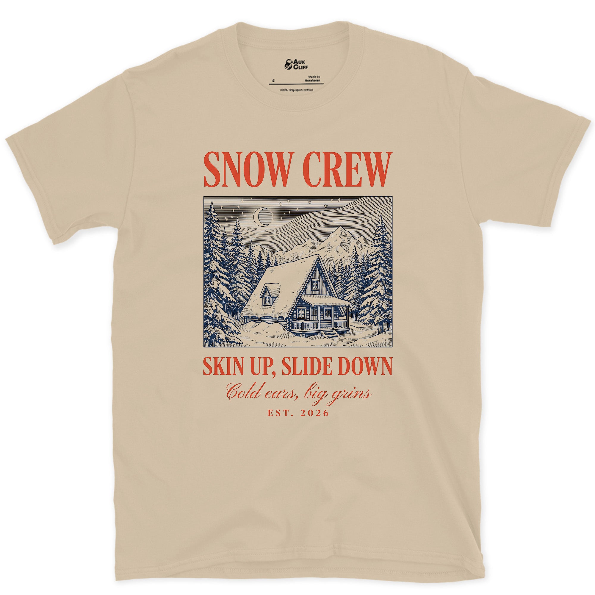 Skin Up, Slide Down, Snow Crew design on a Sand Gildan Softstyle t-shirt