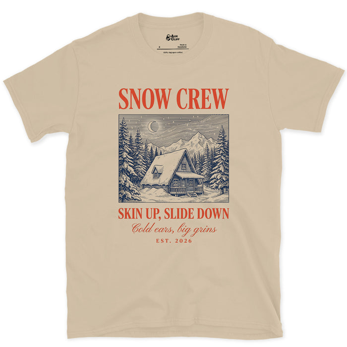Skin Up, Slide Down, Snow Crew design on a Sand Gildan Softstyle t-shirt