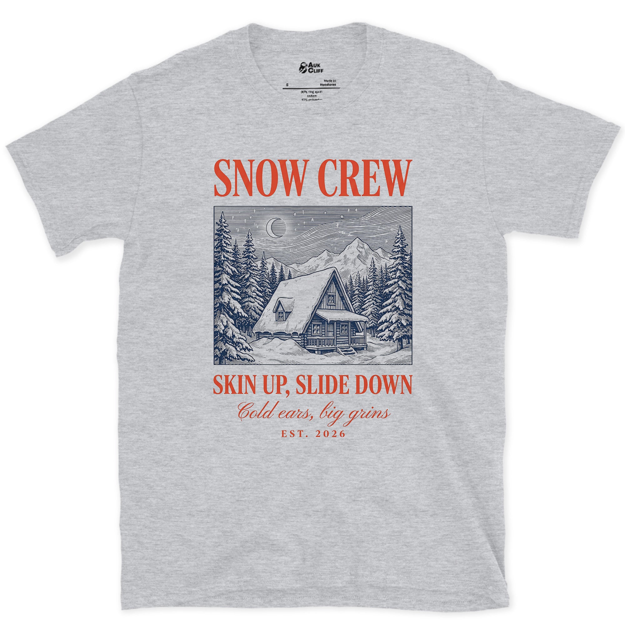 Skin Up, Slide Down, Snow Crew design on a Sport Grey Gildan Softstyle t-shirt