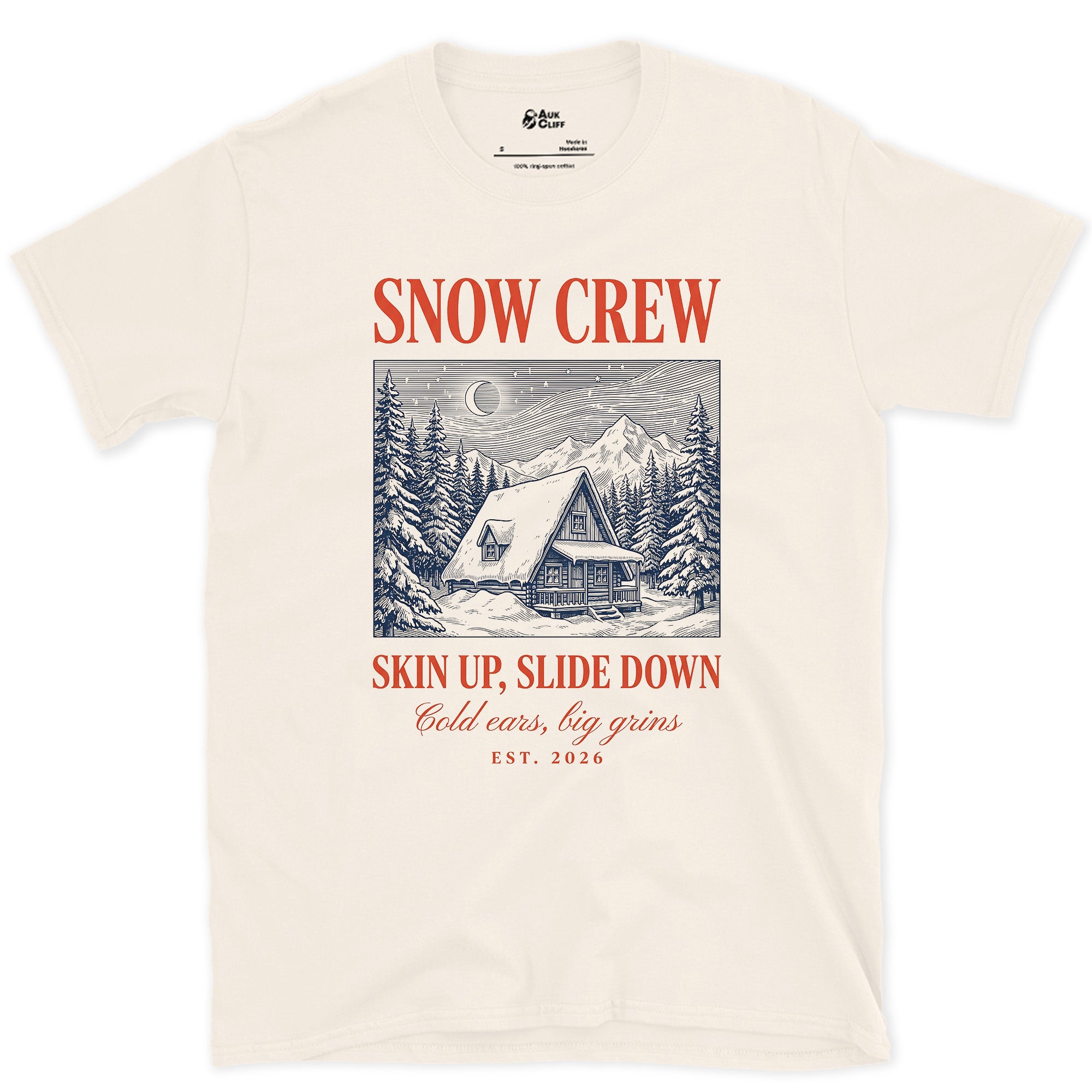 Skin Up, Slide Down, Snow Crew design on a Natural Gildan Softstyle t-shirt